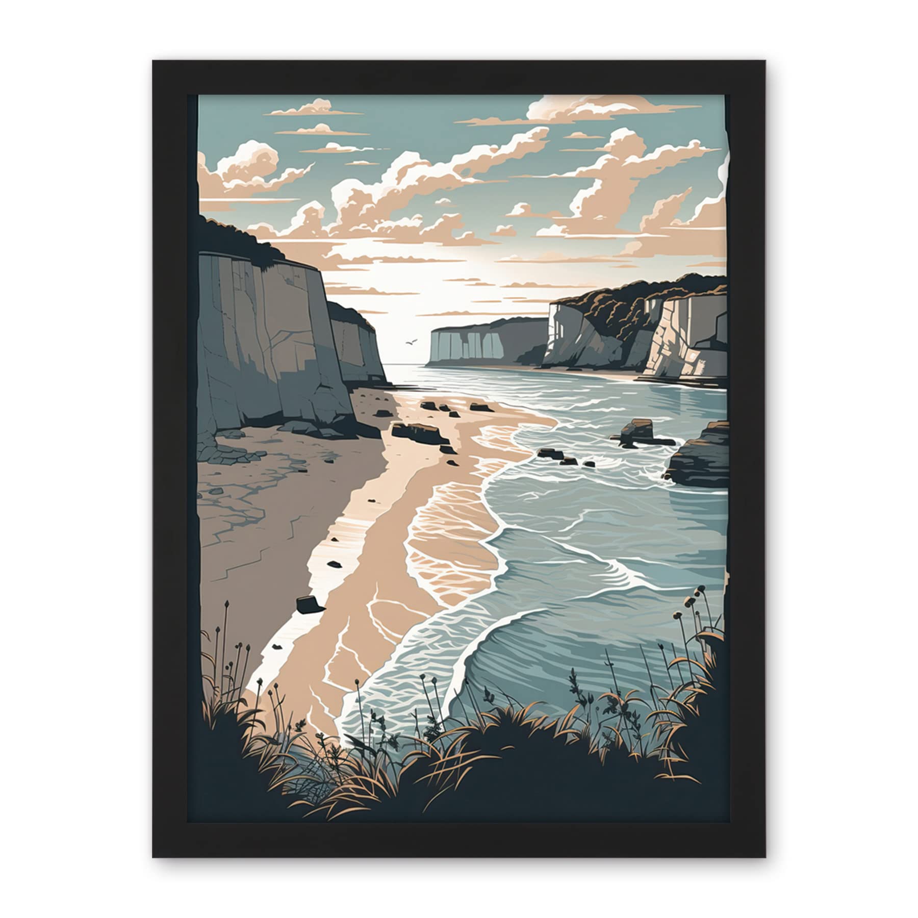 Artery8 Bay with Cliffs Pastel Colour Coastal Landscape Artwork Framed Wall Art Print 18X24 Inch