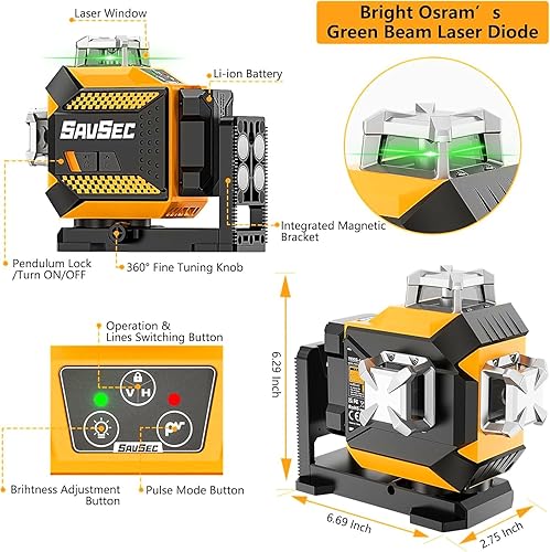 Miniatura 8 de Nivel láser autonivelante 901CG 360, láser verde de línea cruzada de 148 pies, línea vertical horizontal de 360 x 130