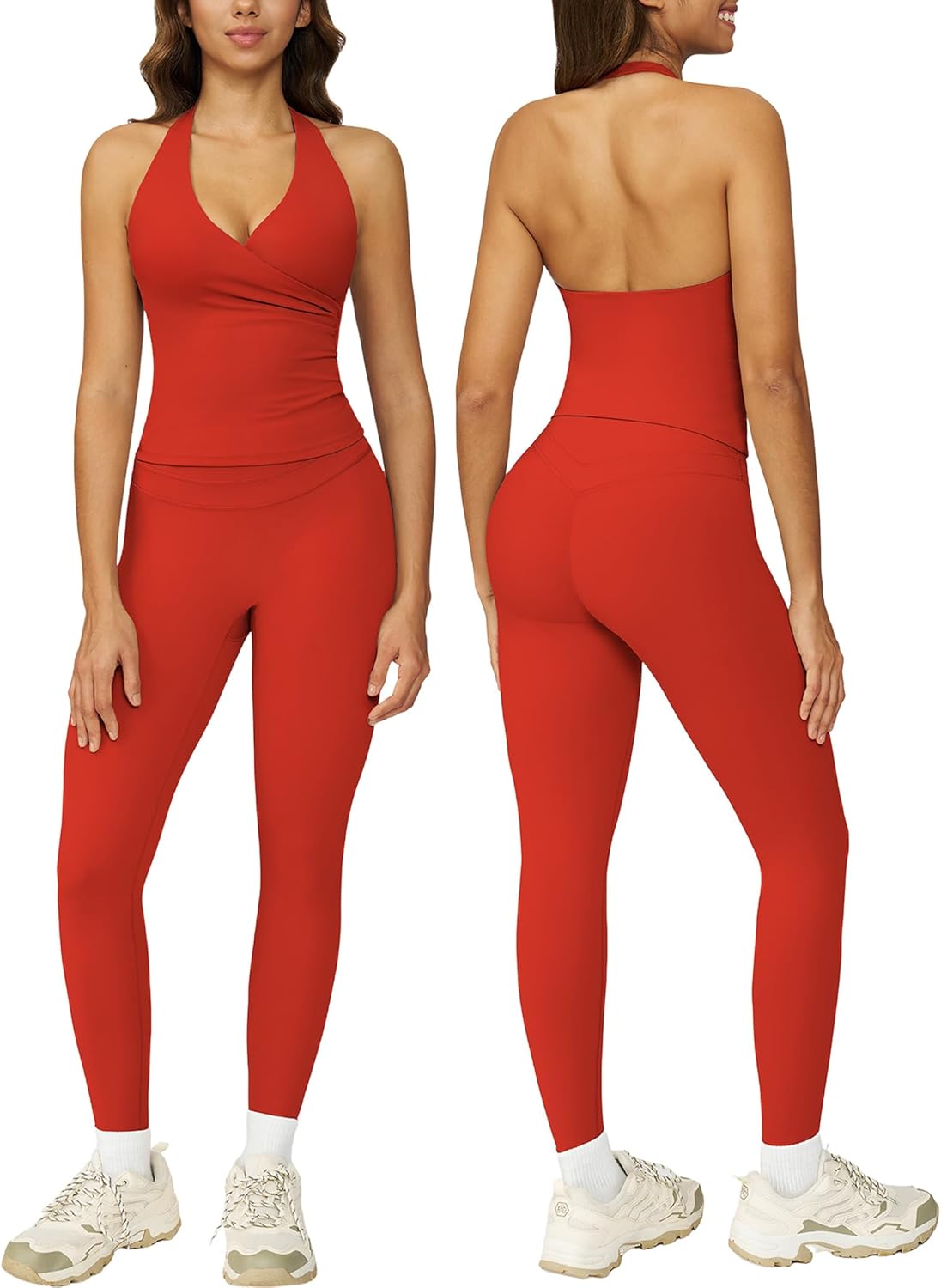 ABOCIW Two Piece Workout Sets for Women Wrap Halter Tank Top High Waist Leggings Yoga Pilates Outfits
