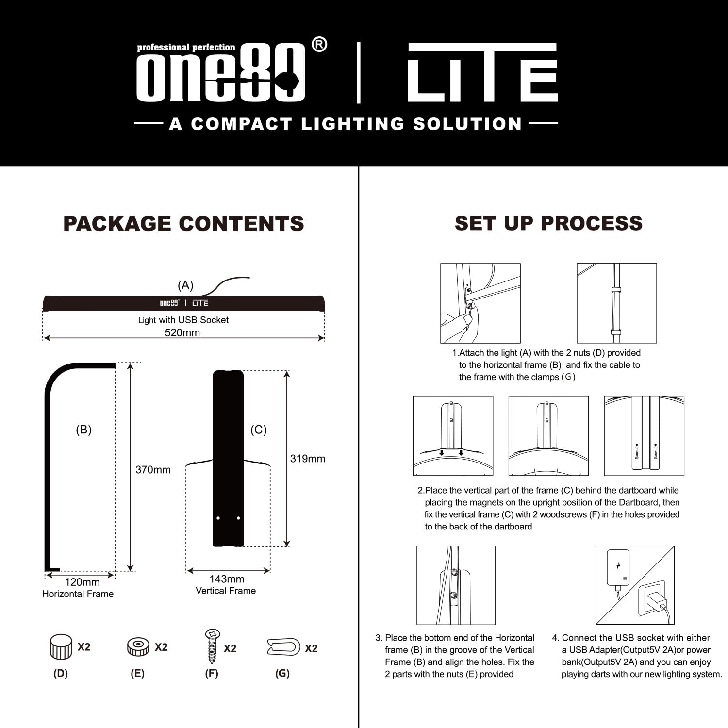 ONE80 Illumina Cible de fléchettes avec système d'éclairage Vision claire et niveau à bulle inclus Cible de fléchettes et contour non inclus