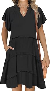 Women Summer Casual V Neck Flutter Sleeve Sundress Boho Flowy Ruffle Tiered Beach Vacation Short Mini Dress - Buy now