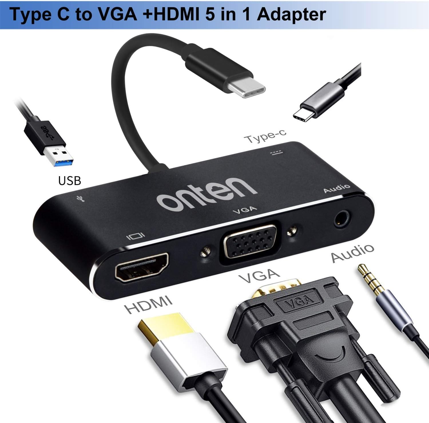 Flash Deals - 70% OFF Onten USB C to HDMI VGA Adapter, USB Type C (Thunderbolt 3 Compatible) to HDMI 4K+VGA Adapter, Compatible with MacBook Pro/Chromebook Pixel/Dell XPS 13/,iPad Pro 2018,MacBook Air 2018 (Black)