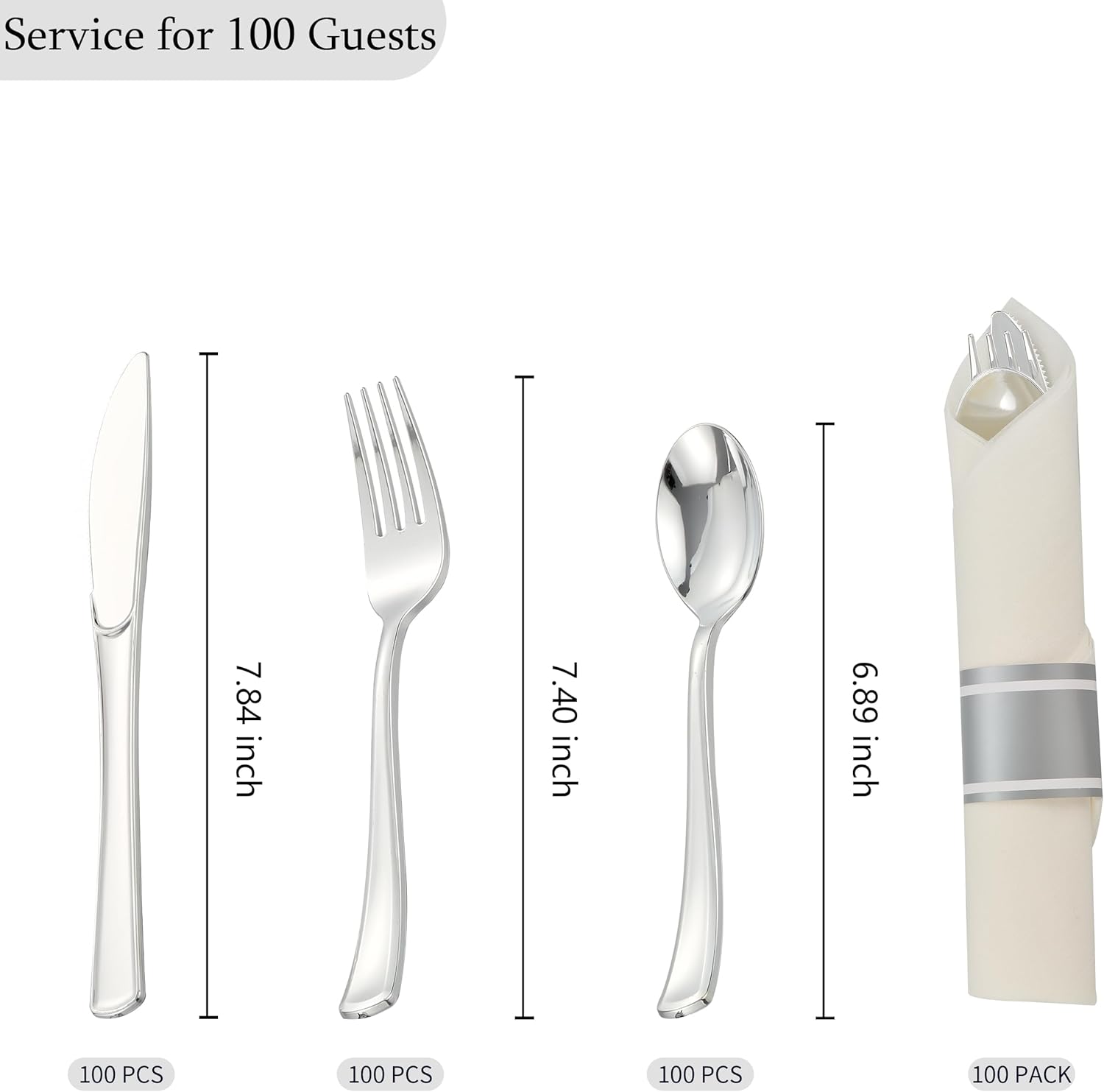 100 Pack Pre Rolled Silver Plastic Silverware Set with Napkins,Disposable Wrapped Heavy Duty Cutlery Set for Wedding Birthday Party-100 Forks,Knives,Spoon,Utensils Set,Plasticware Bulk