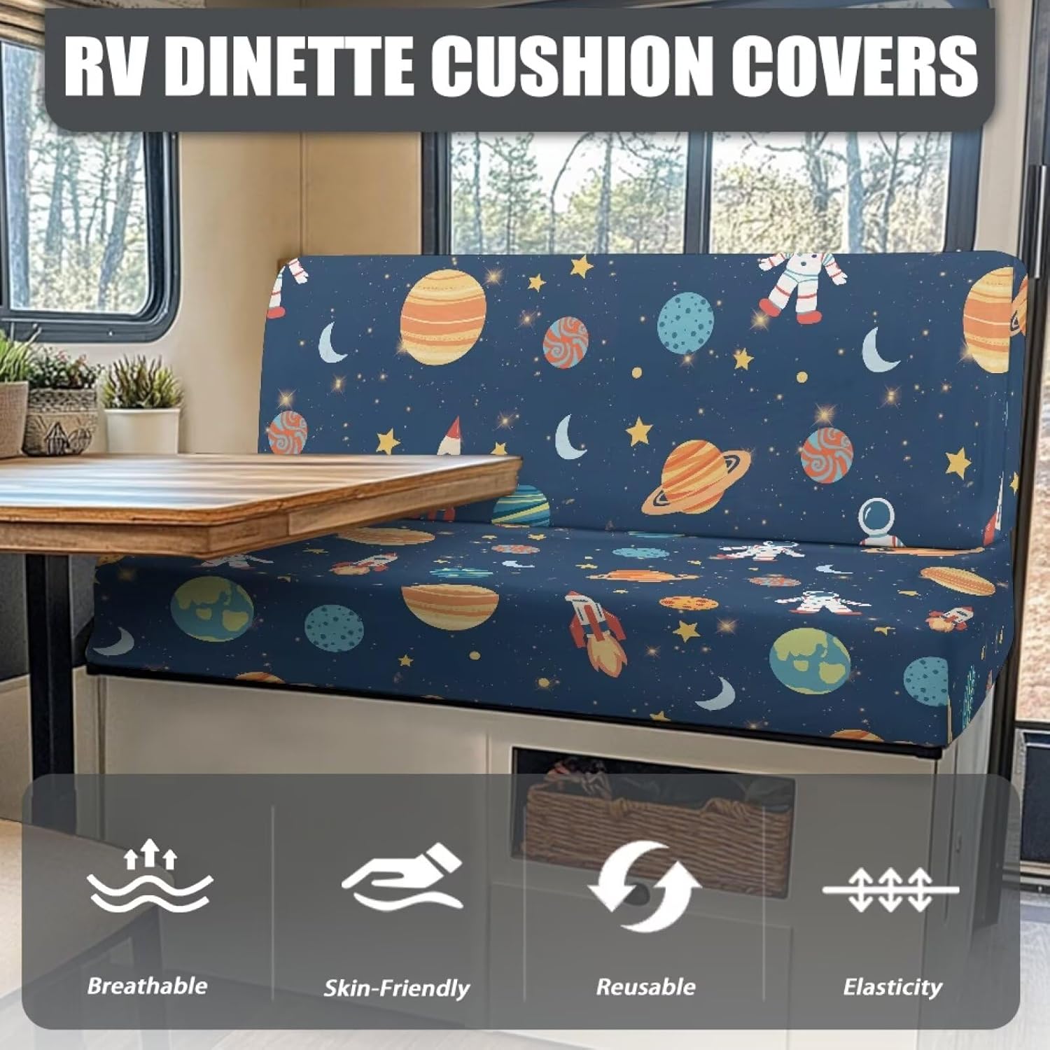 Stretch Camper Cushion Covers 2-Piece Set Sofa Loveseat Chair Cover Futon Protector for RV Camper Car Bench Planets Print
