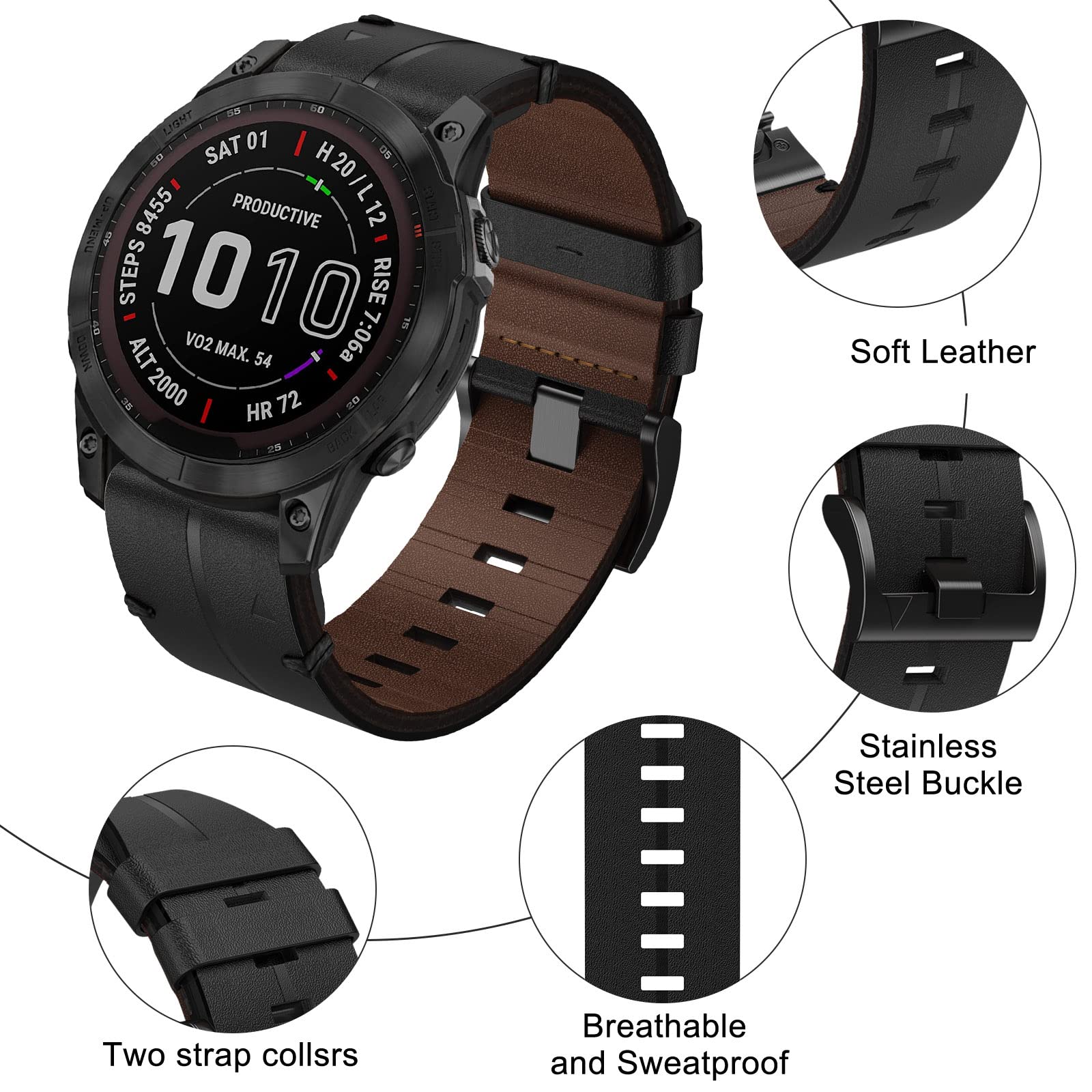 Cuir Fenix 7 Bracelet, 22mm Cuir Bande Quick Fit Bracelet pour Fenix 6, Fenix 6 Pro, Fenix 5, Fenix 5 Plus, Forerunner 945, Forerunner 935, Garmin Instinct, Approach S62, Approach S60, Quatix 6 5
