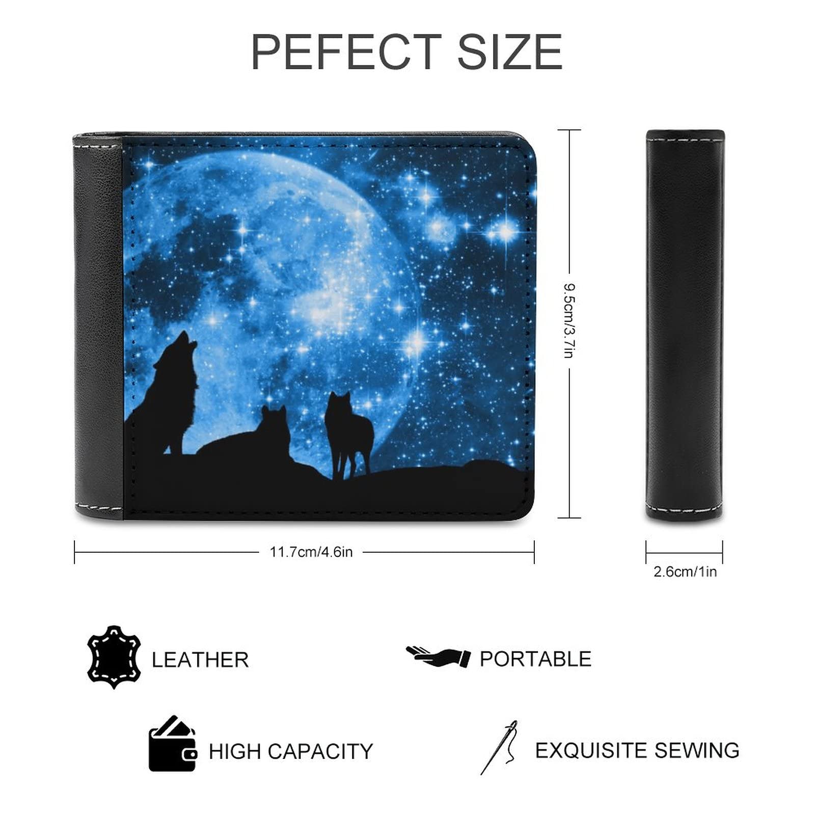 Men's Bifold Wallet PU Leather - Galaxy Wolf Design, Cash Pouch, Card Slots, 3.7x4.5 Inches - View #3