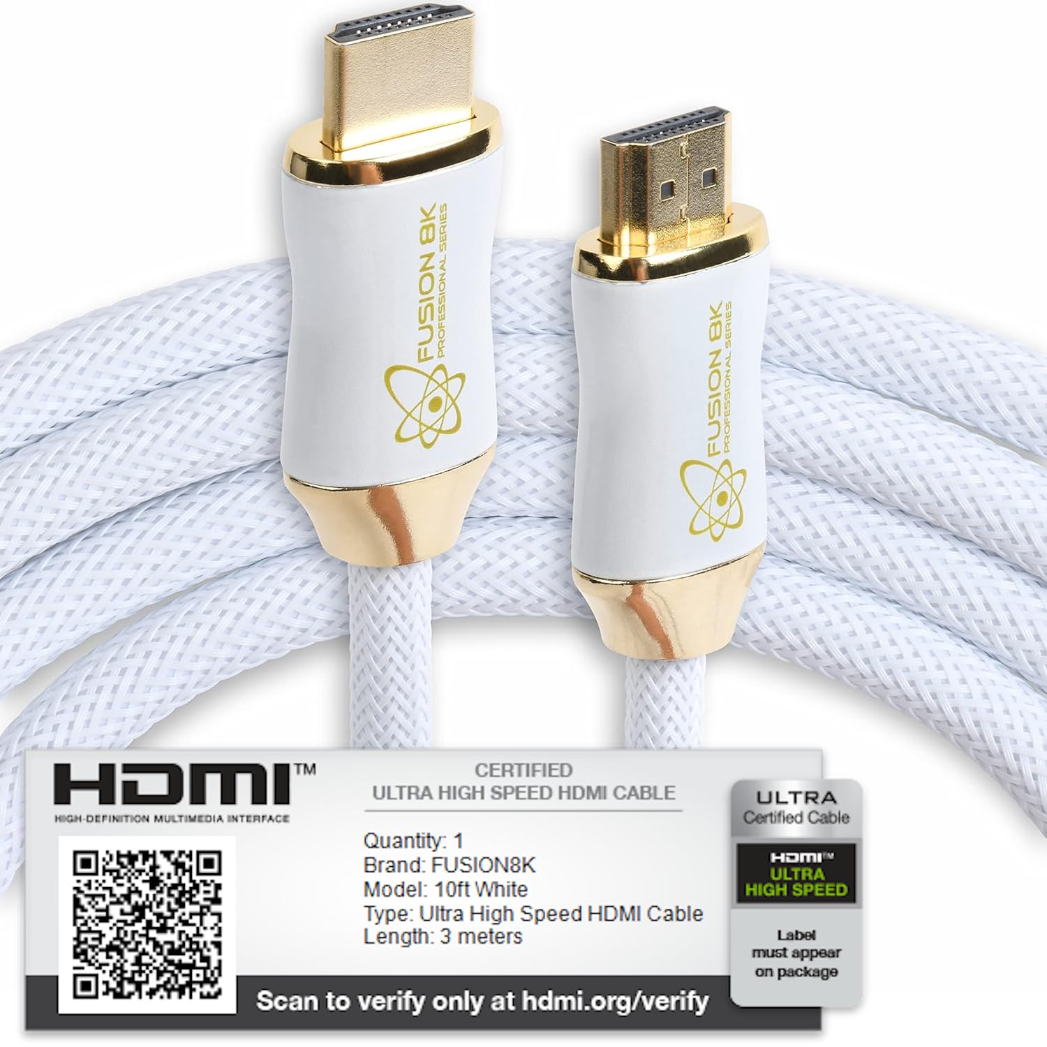 Fusion8K White HDR HDMI 2.1 Certified Cable Supports 10K 8K @60Hz and 4K @120Hz Compatible with Dolby Vision and All TVs, BluRay, Xbox Series X, PS5 (): 10 Feet