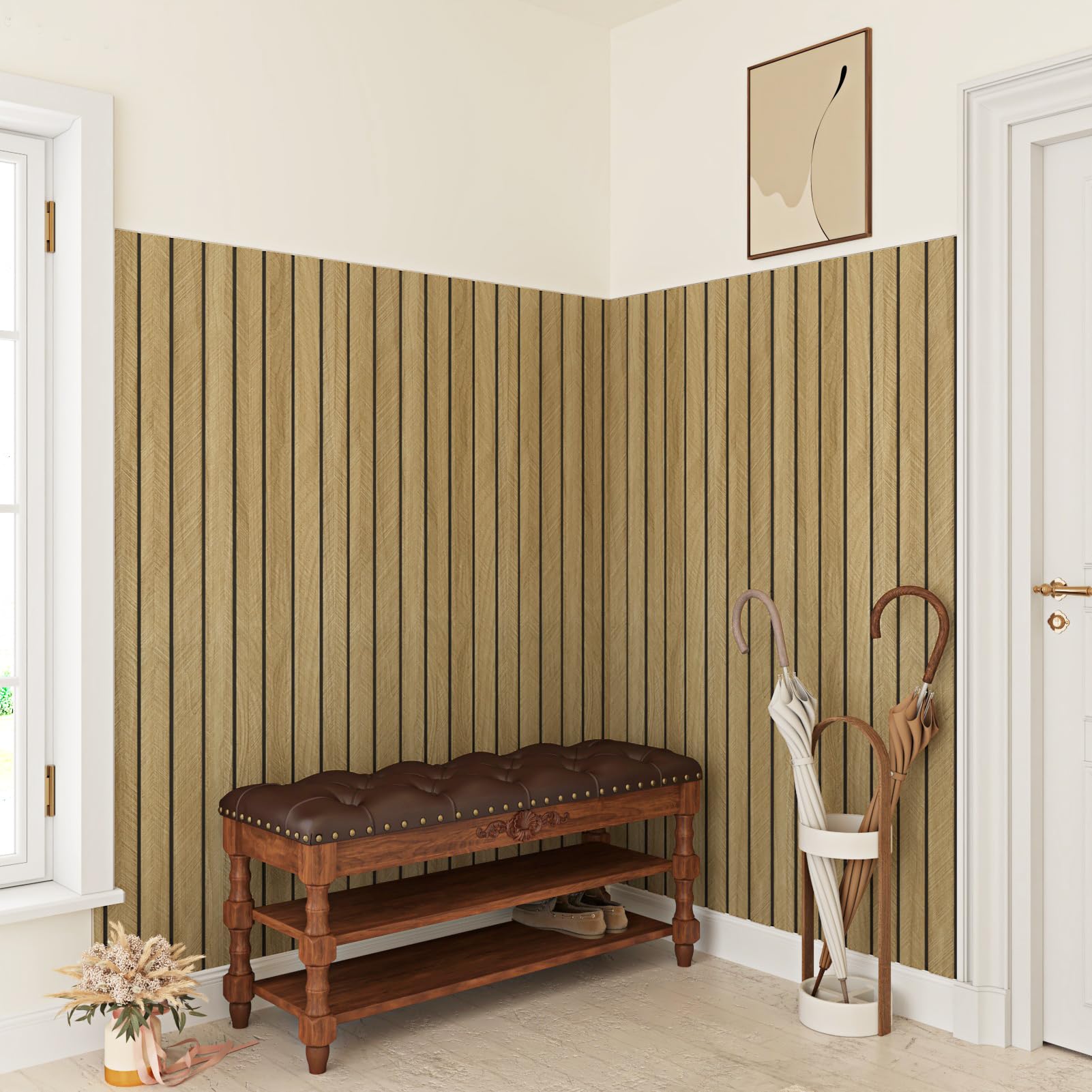 Paneles De Pared Autoadhesivos Marron Claro 3D Efecto Madera Para Sala De Estar Salon Dormitorio Paneles Decorativos Para Pared Paneles De Pared Espuma Acusticaen PVC Rollo 30cm x 300cm