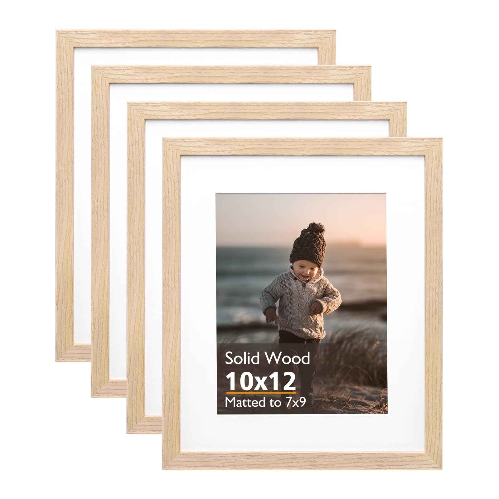KINLINK 10x12 Picture Frame Natural, Solid Wood Frames with Acrylic Plexiglass for Pictures 7x9 with Mat or 10x12 without Mat, Tabletop and Wall