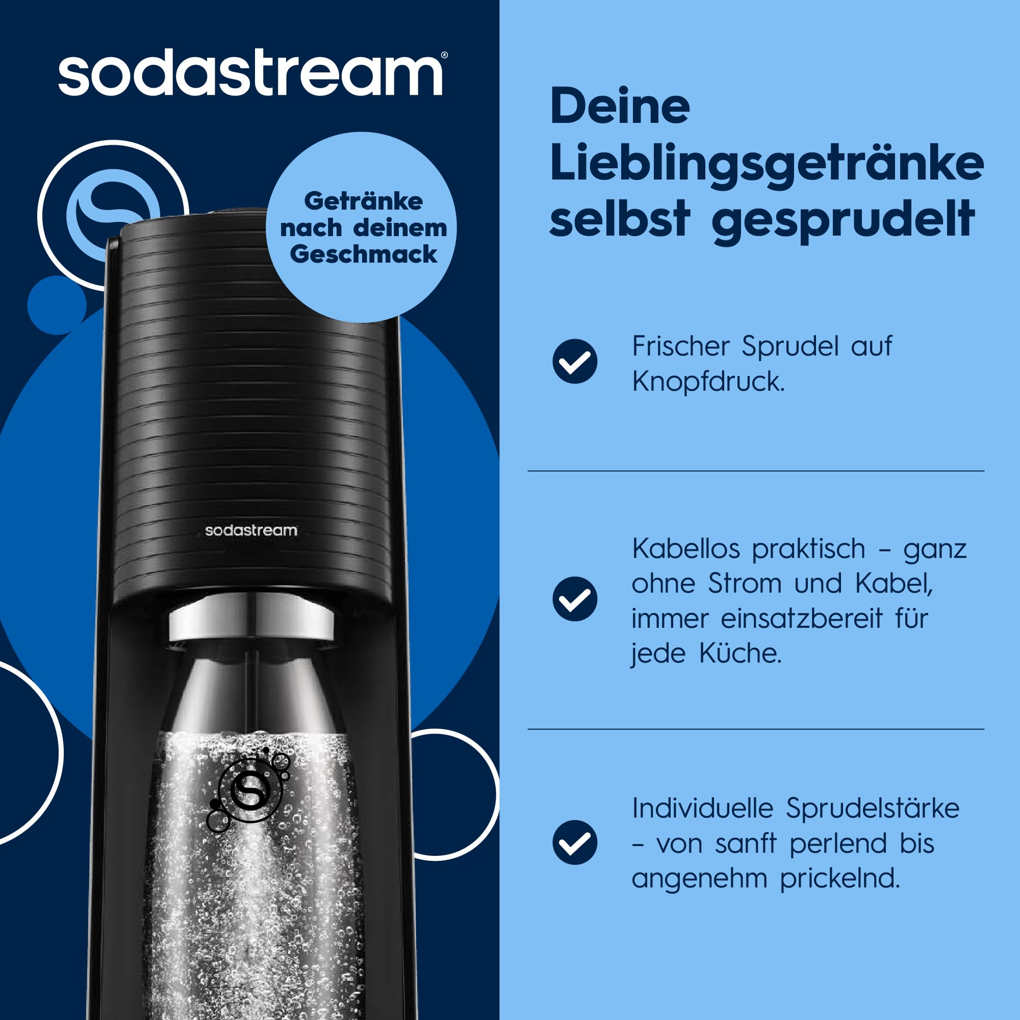 Sodastream TERRA Wassersprudler, Soda Stream Maschine mit Quick Connect 60L CO2-Zylinder, 5x 1L Kunststoff-Sprudlerflaschen, Schwarz