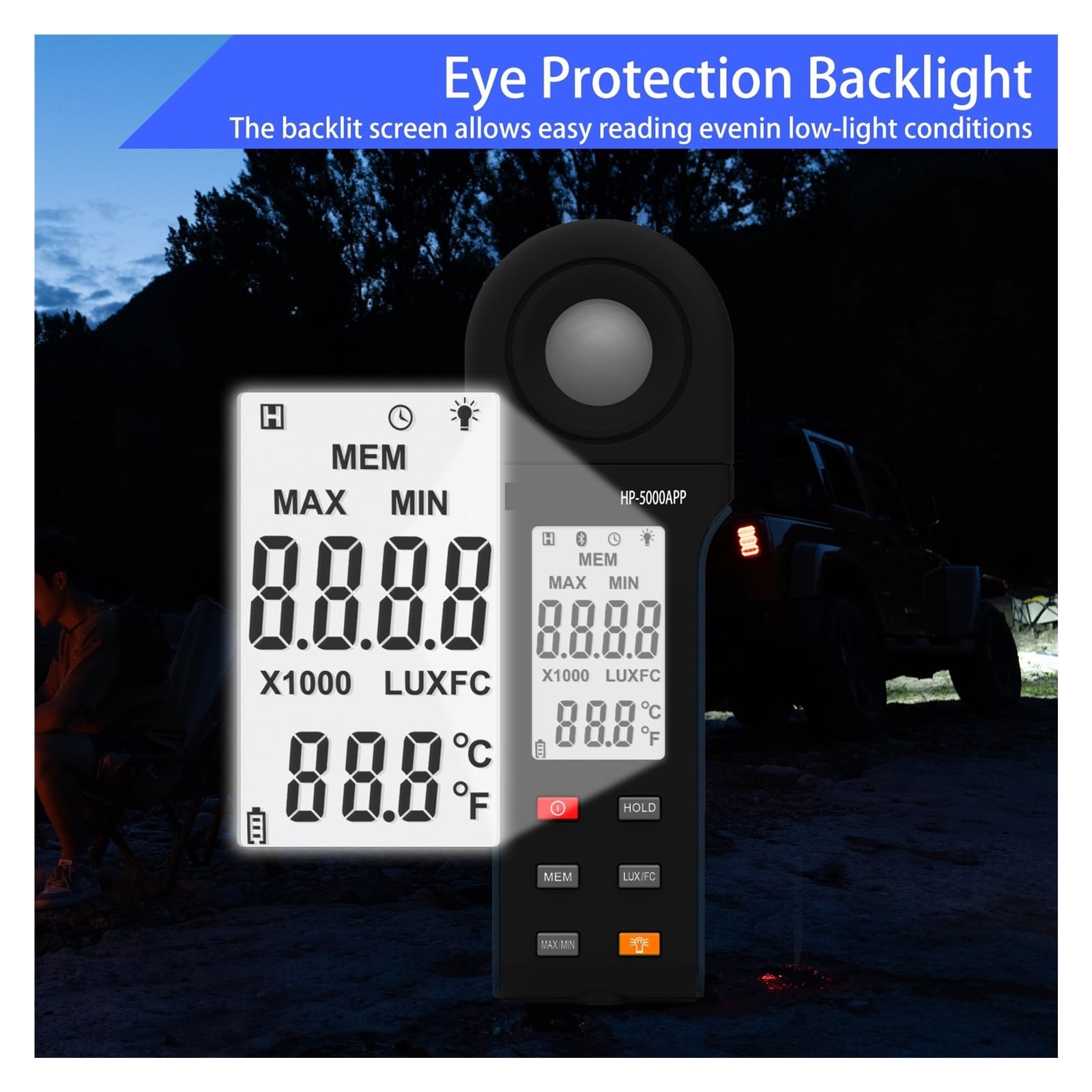 Fotómetro Digital portátil con Temperatura, medidor de iluminancia, 1-400000 Lux, Giratorio 270 °, Pantalla LCD Multifunción