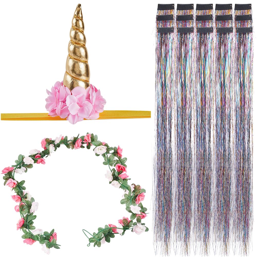 GORGECRAFT 17Pcs Christmas Horse Costume Bling Accessory Include 1Pc Horse Floral Spiral Horn 15 Mane Tail Clip Hair Extensions and 1 Artificial Rose Flower Vine for Halloween Party Costume