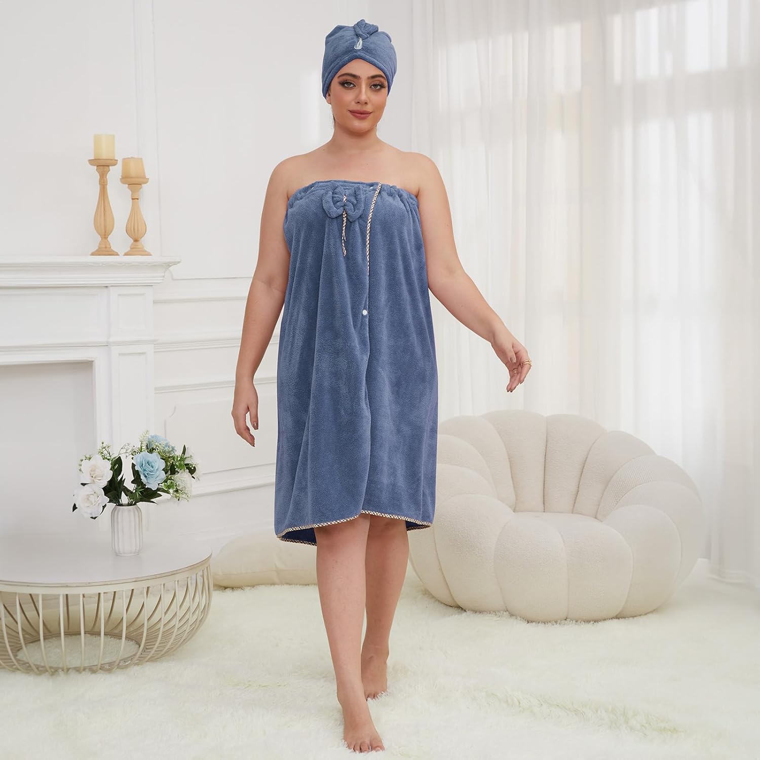 GOSCHE Towel Wrap for Women Plus Size (XXL-XXXXL), Spa Shower Wrap With Hair Towel, Oversized Wearable Bath Wrap, Dark Blue