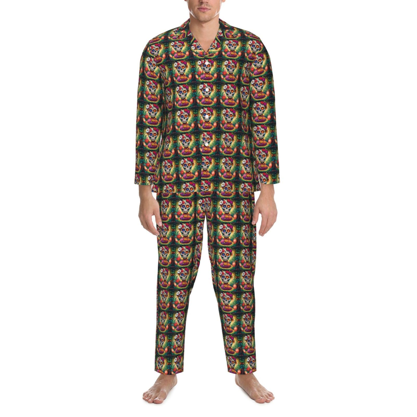 Herren-Pyjama-Set mit bunten Totenköpfen, langärmelig, zweiteilig, Hauskleidung, bequeme Nachtwäsche