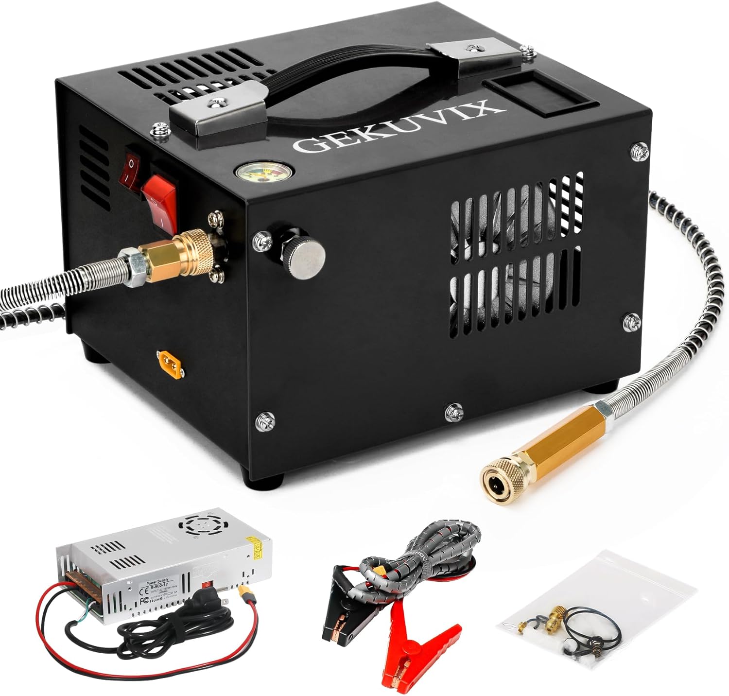 PCP Air Compressor 4500Psi/30Mpa Water/Oil Free PCP Air Pump Rifle,12V Automotive DC 110V AC PCP Airgun Compressor With Power Converter,Built-in Fan,Suitable for Paintball, Air Rifle Black