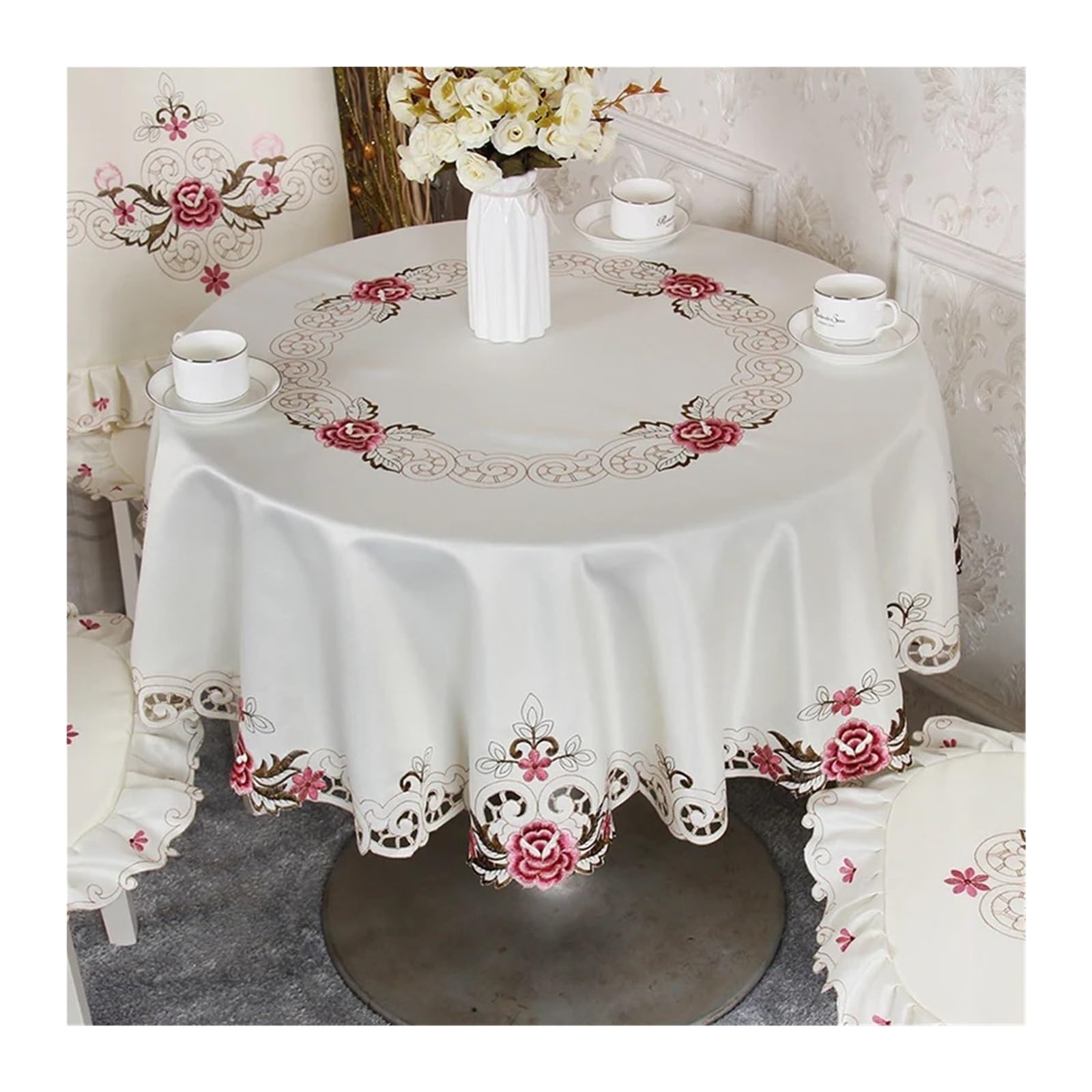 SHENJMAI Vintage Lace Table Round Table Cloth Tablecloths White Household Lace Tablecloth Dining Cover Embroidered Flower Home(Color8,Diameter 83cm)