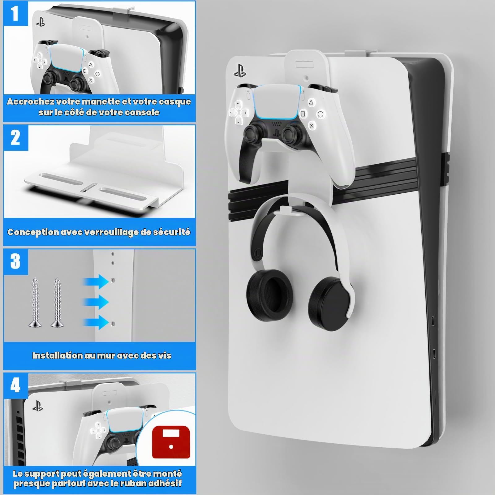 PS5 Support mural pour PS5 Slim et Pro en acier Playstation 5 Support mural avec support de commande et écouteur, vis de suspension éponge (blanc)