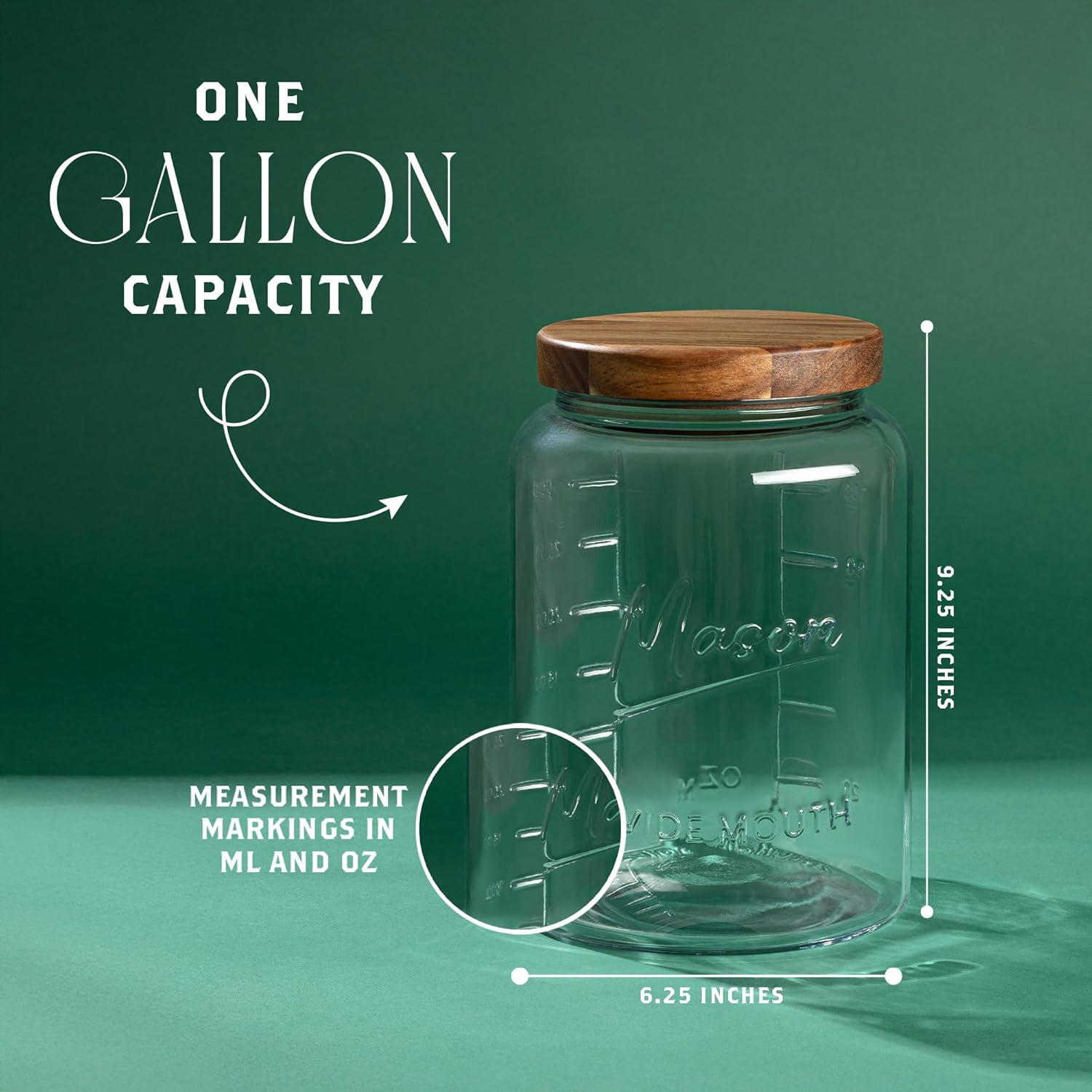 Extra Large Mason Jar - 1 Gallon Glass Wide Mouth Jar with Airtight Wooden Lid, Food Storage Container with Measurement Markings For Kitchen Pantry, Pickling, Cookies, Flour & Sugar - Image 2
