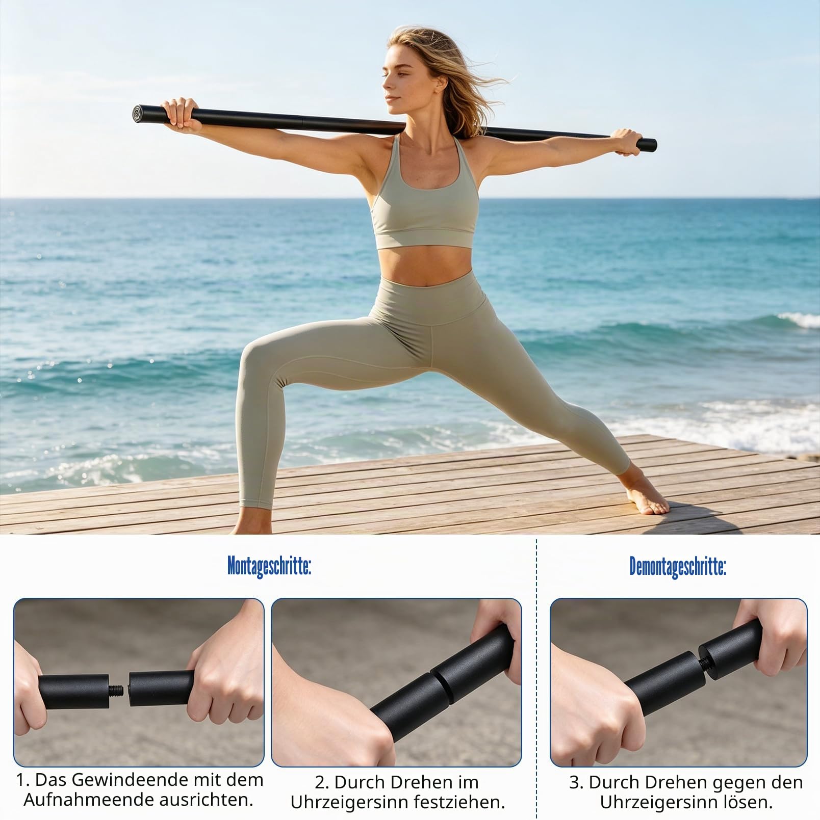 Tragbarer Yoga Stick, 4-teilig Verstellbarer Gymnastikstab mit Schaumstoffgriffen, 30/45/60 Zoll (76/114/152 cm) für Flexibilität, Gleichgewicht & Rückentraining