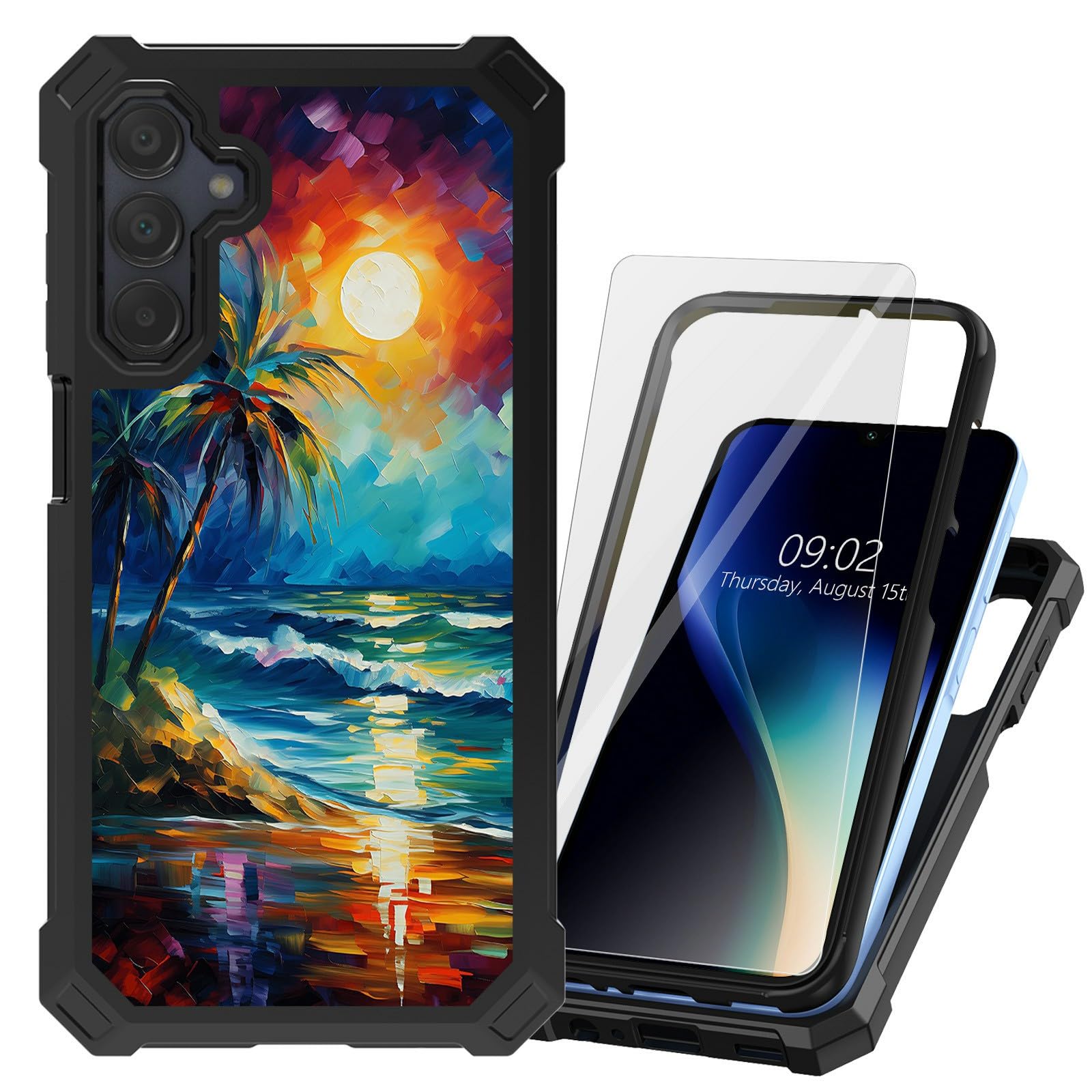 DHYYDSQZ for Samsung Galaxy A35 5G Case with Tempered Glass Screen Protector Heavy Duty Dual Layer Hybrid Sunset Beach Art Cell Phone Cover Shockproof