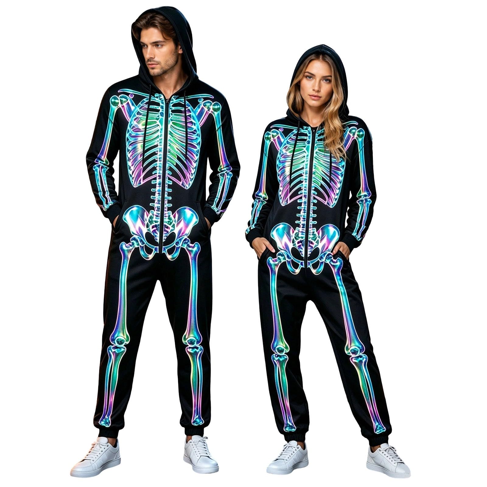 Skeleton Costume, Halloween Costumes Men Skeleton Onesie Adult Horror Skelettkostüme Zip-Up-Kapuze Hooded Jumpsuit Pyjama Nachtwäsche Homewear Fancy Dress Cosplay Kostüm