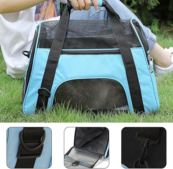 Cat Carrier Bag Soft Fabric Travel Folding Pet Dog Puppy Kennel Carry Cage Crate Secure Collapsible Comfortable Airline-approved Lightweight carrier (Blue, L(large))