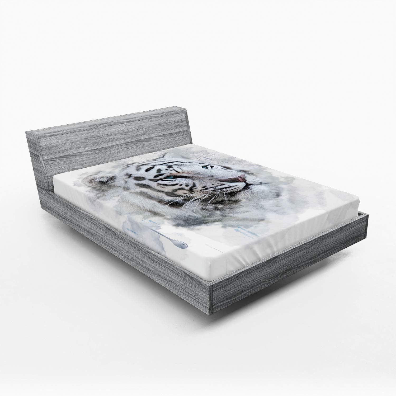 Ambesonne Animal Fitted Sheet, Portrait of a White Tiger Wild Nature Predator Watercolor Splashes, Soft Decorative Fabric Bedding All-Round Elastic Pocket, Queen Size, White Black