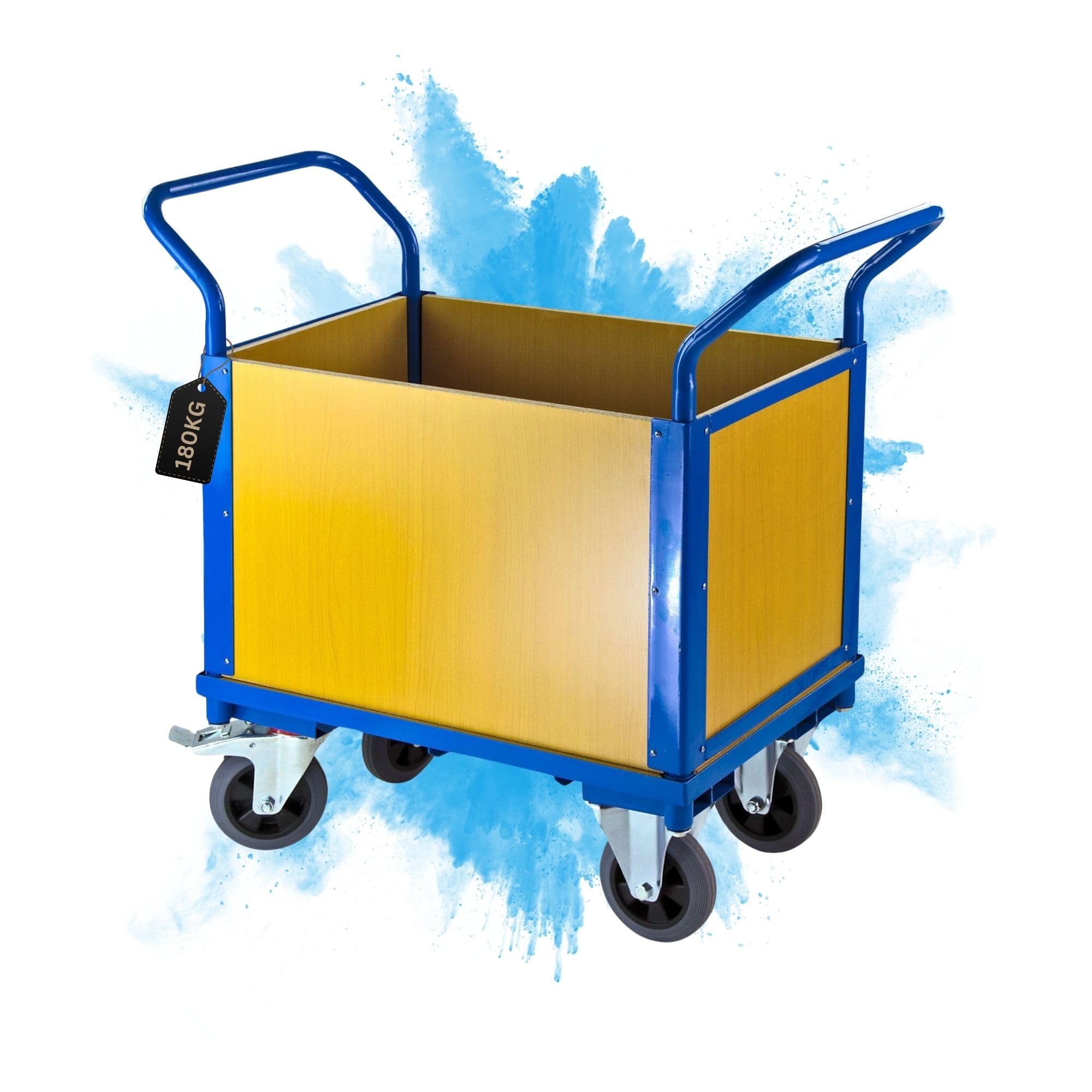 PROREGAL Transportwagen Handwagen Materialwagen mit 4 hohen Wänden | HxBxL 94x50x102cm | 2 Lenk- & Bockrollen | Traglast 180kg | Lichtblau