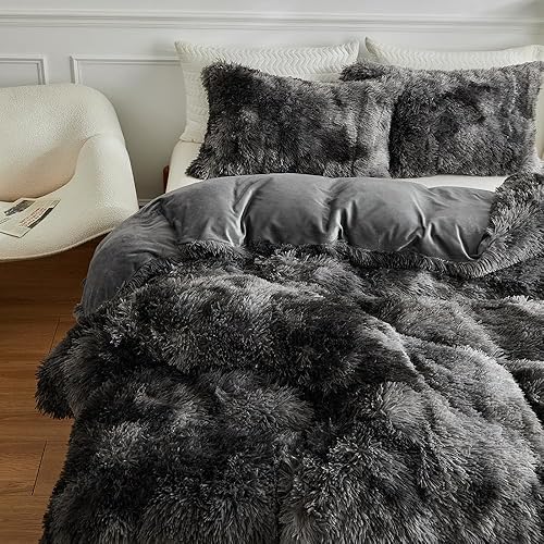 Miniatura 3 de Wajade Juego de edredón de felpa de pelo sintético teñido anudado gris oscuro y blanco, juego de ropa de cama mullido y mullido - Juego de edredón