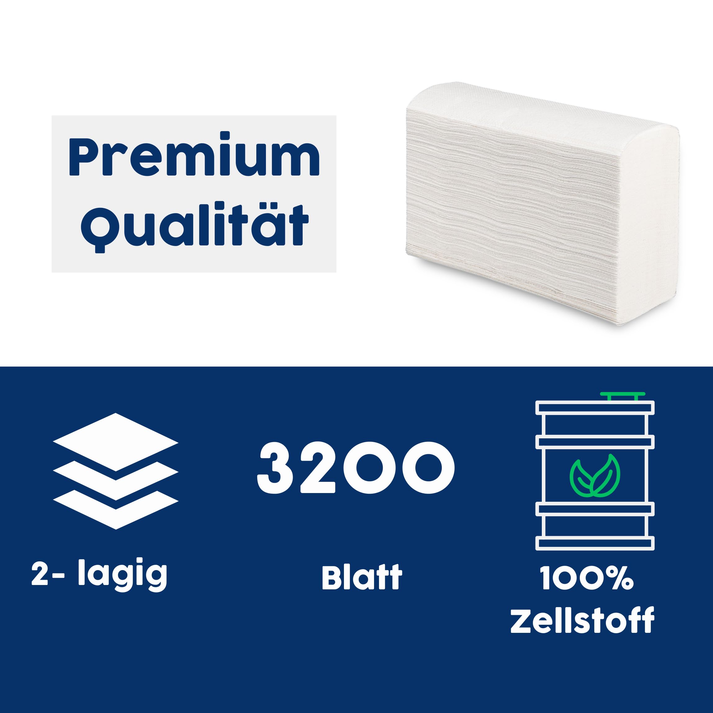 Papierhandtücher N-Falz für Spender | 2-lagig, 21x23cm | 3200 Blatt | 100% Zellstoff, Hochweiß | saugstark, reißfest & weich |Optimal für N-Falz (INTERFOLD bzw. MULTIFOLD) Handtuchspender
