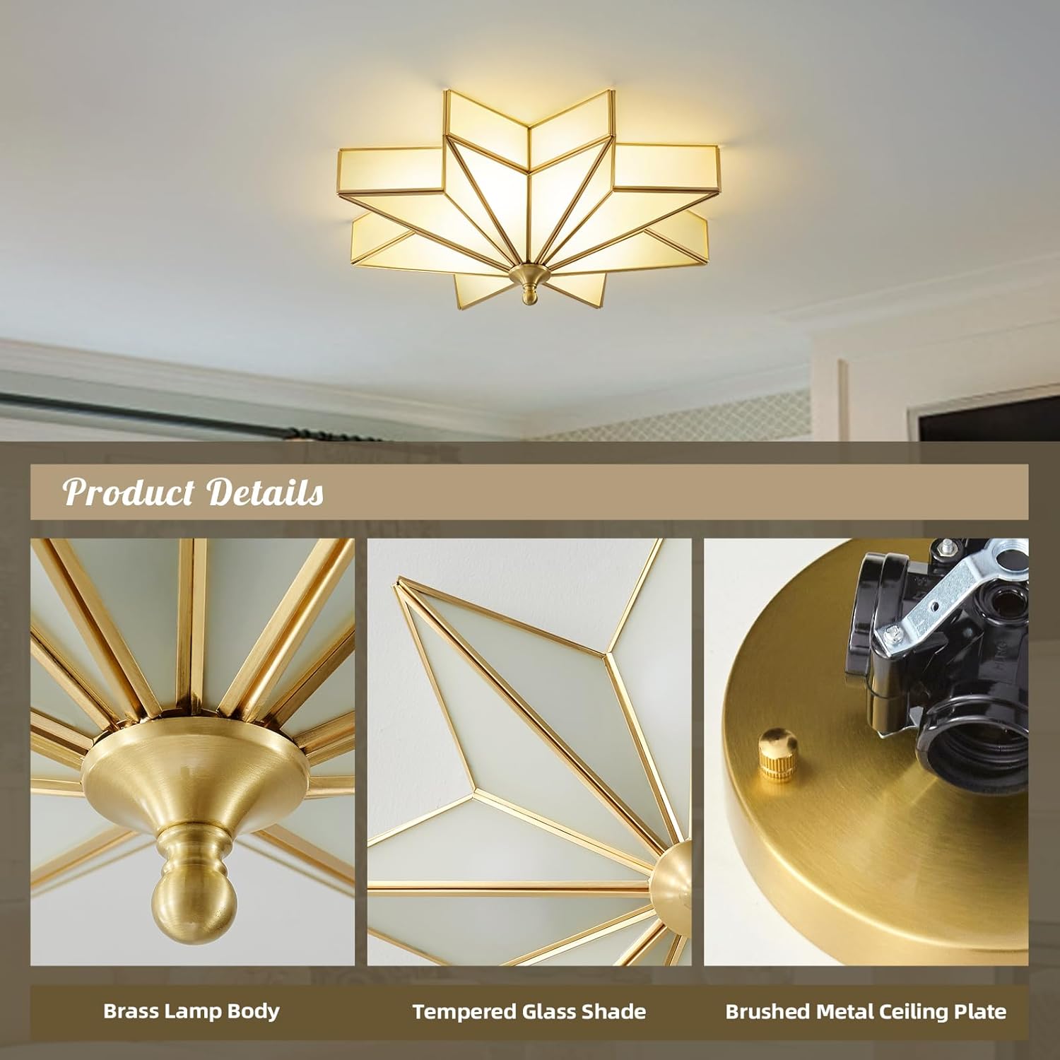 Star Brass Vintage Ceiling Light - 19.7 in Large Milk Glass Antique Brushed Gold Flush Mount Fixture, Mid Century Art Deco Overhead Lighting for Kitchen Hallway Bedroom Bathroom Laundry Entryway Hall