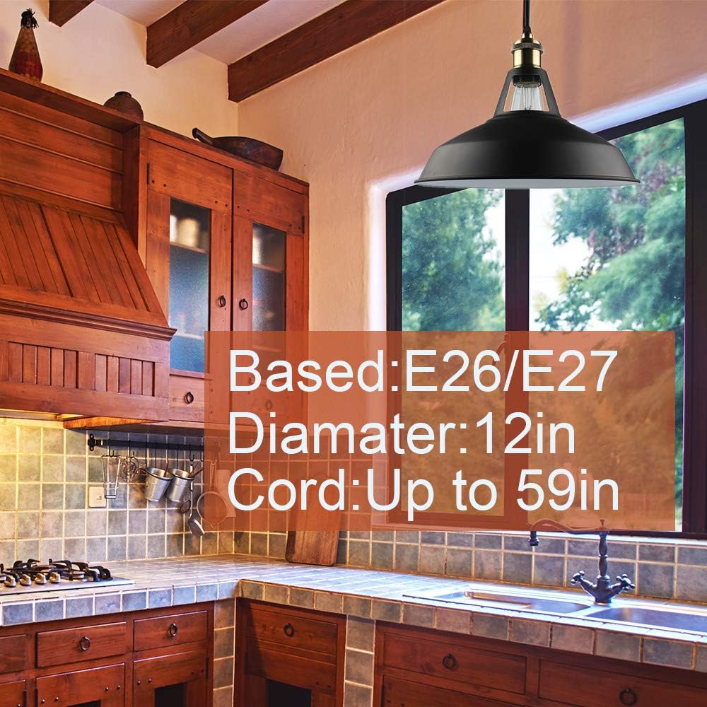B2ocled Pendant Light, Industrial Retro Pendant Lights Fixtures with E26/E27 Based, Barn Hanging Pendant Lighting for Kitchen Island Farmhouse Living Room Barn, Blcak Metal Vintage Style