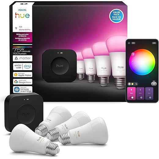 Philips Hue Starter Kit: Bridge Pro + 4 A19 E26 Smart Bulbs, White & Color Ambiance, Dimmable, Smart Light Hub, Works with Apple Home, Alexa, Google, Samsung SmartThings