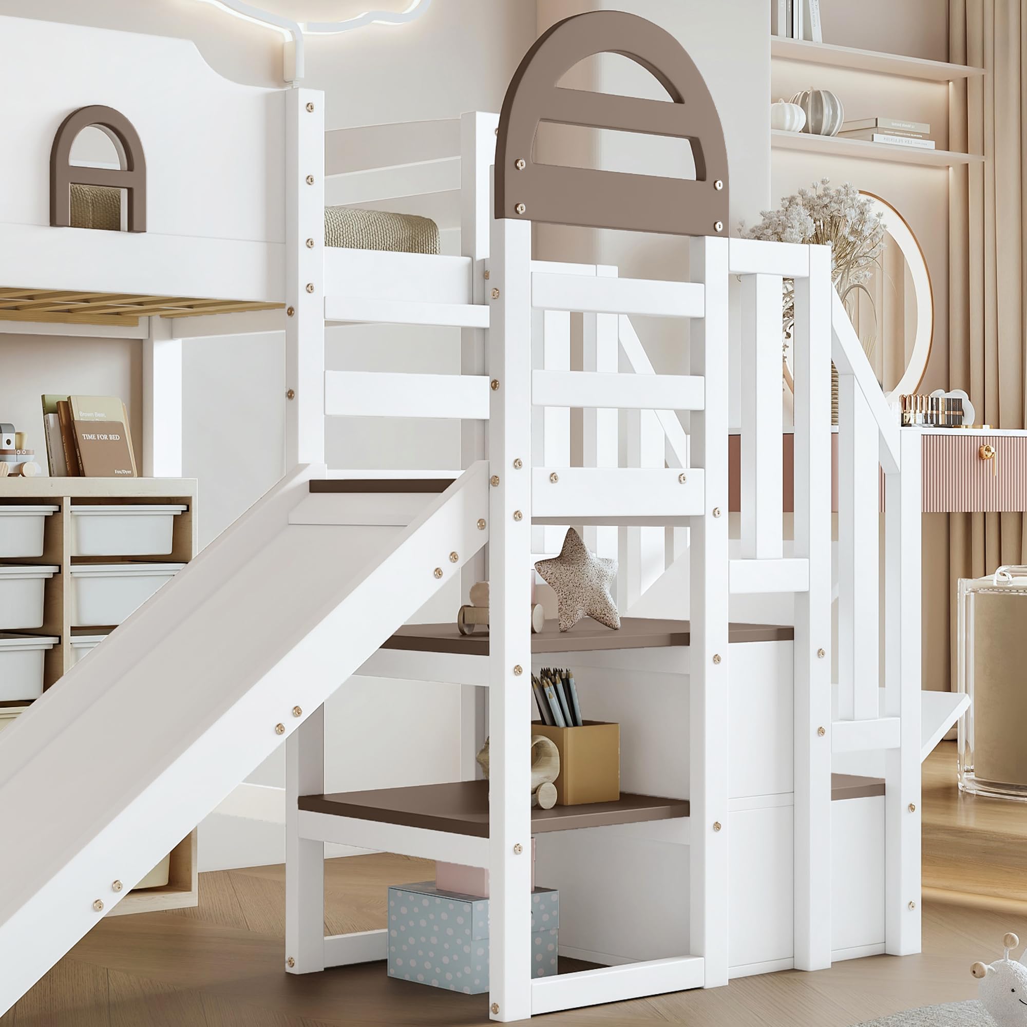 Merax Etagenbett 90x200cm, Kinderbett Hochbett mit Stauraumtreppe & Rutsche & Rausfallschutz, Platzsparendes Stockbett mit Lattenrost & Fenster, Funktionsbett für Jugend, Ohne Matratze, Weiß & Braun