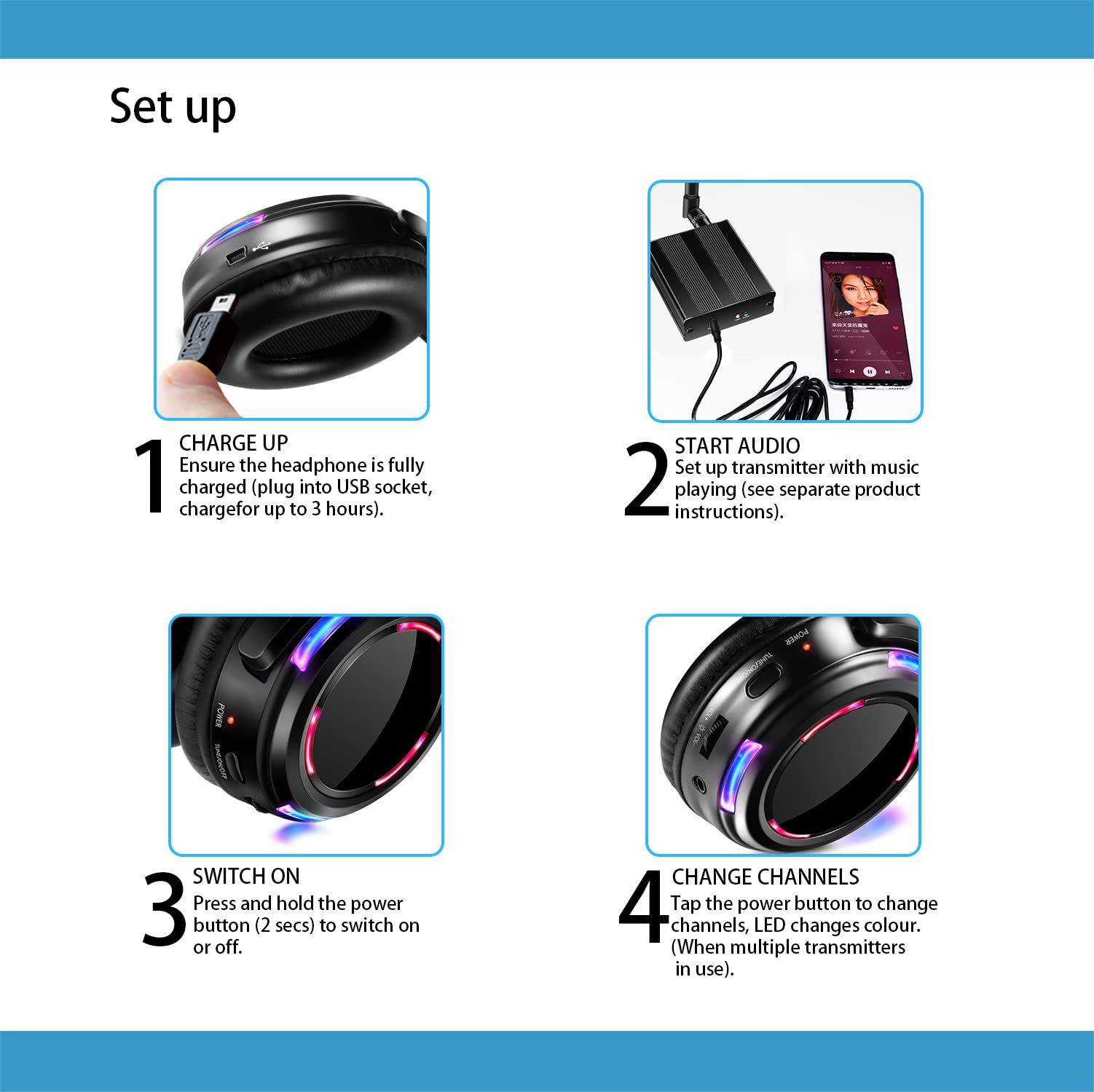 Casque professionnel sans fil Disco LED silencieux et RF LED Silent Disco Écouteurs pour iPod MP3 DJ Musique Pary Club (2 casques LED + 1 émetteur)