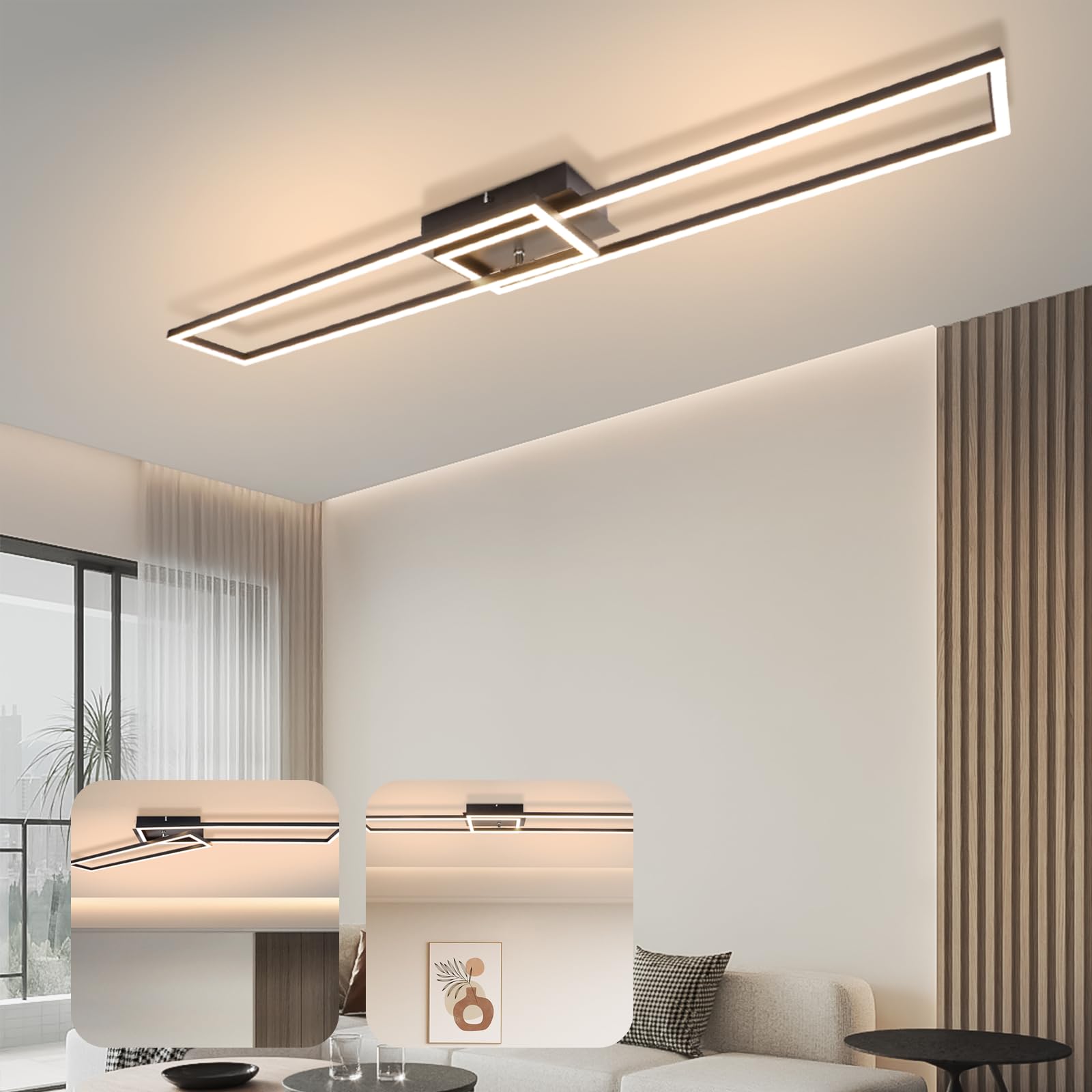 LED Lámpara de Techo para Dormitorio - Marco Negro Lámpara Moderna para Dormitorio Lámpara para Sala de Estar 32W 3000K Blanco Cálido Lámpara para Comedor Rectangular