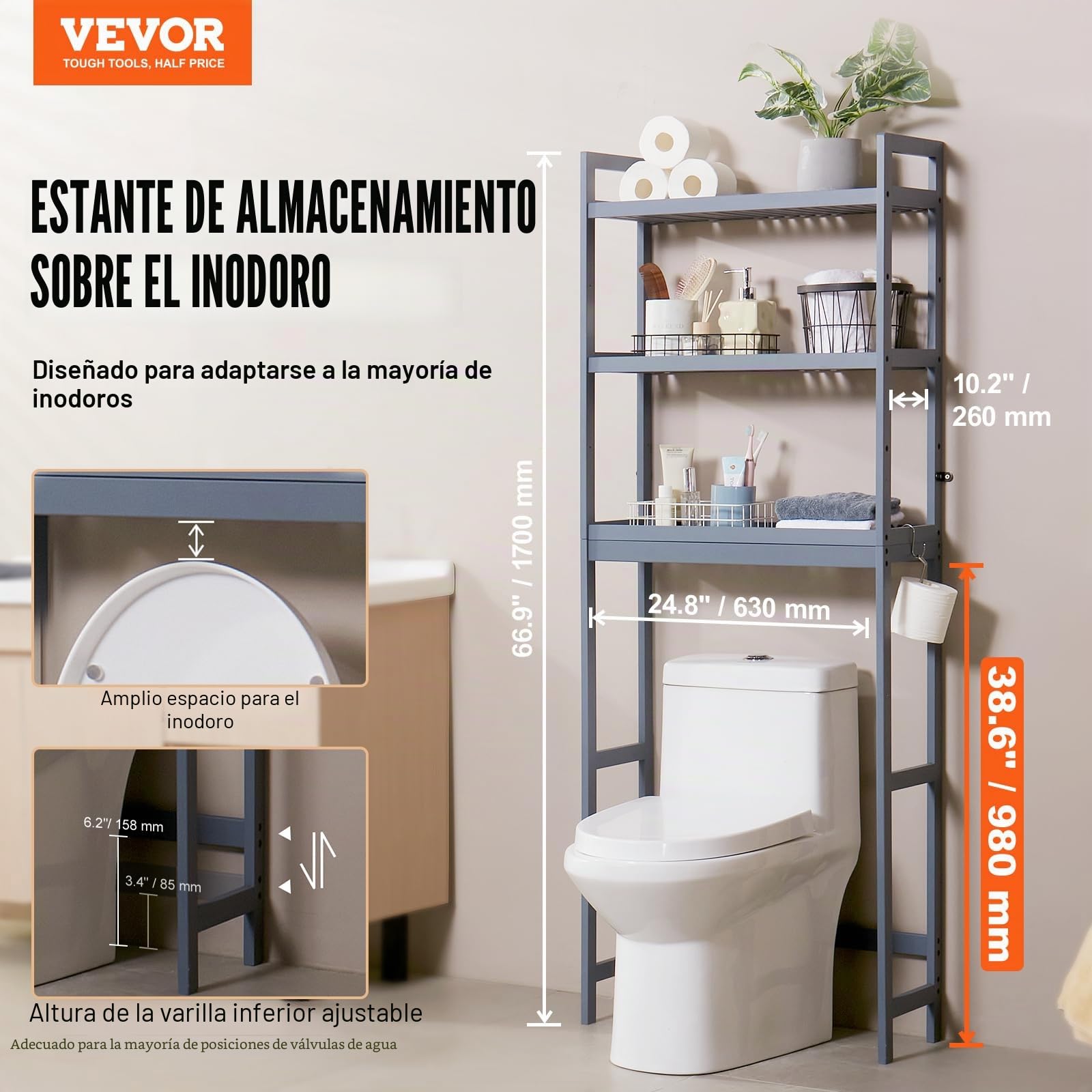 VEVOR Estante para Inodoro Ajustable de 3 Niveles Almacenamiento sobre Inodoro Estantería de Madera para Baño con 3 Ganchos Mueble de Baño Adecuado para la Mayoría de los Inodoros, Lavadero, Gris