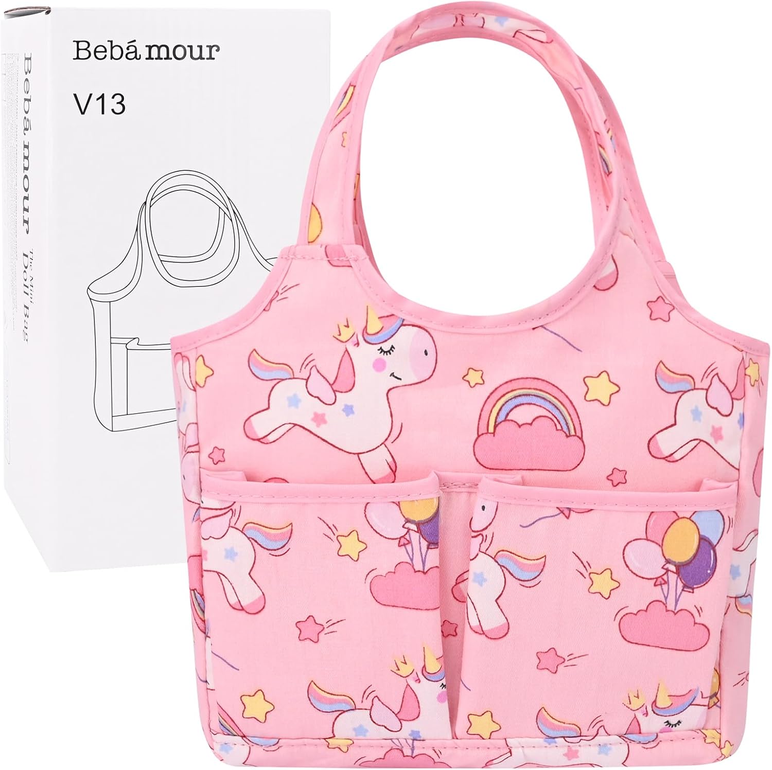 Bebamour 7 Pcs Baby Doll Diaper Bag Set Baby Doll Bottles and Doll Accessories Doll Feeding Set Including Diaper Bag,Changing Pad for 12-15 Inches Dolls (Unicorn)