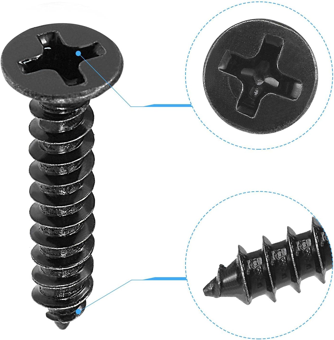 sourcing map M3.5 x 18mm Wood Screws Phillips Flat Head Carbon Steel Self Tapping Screws Black 200pcs - Image 4