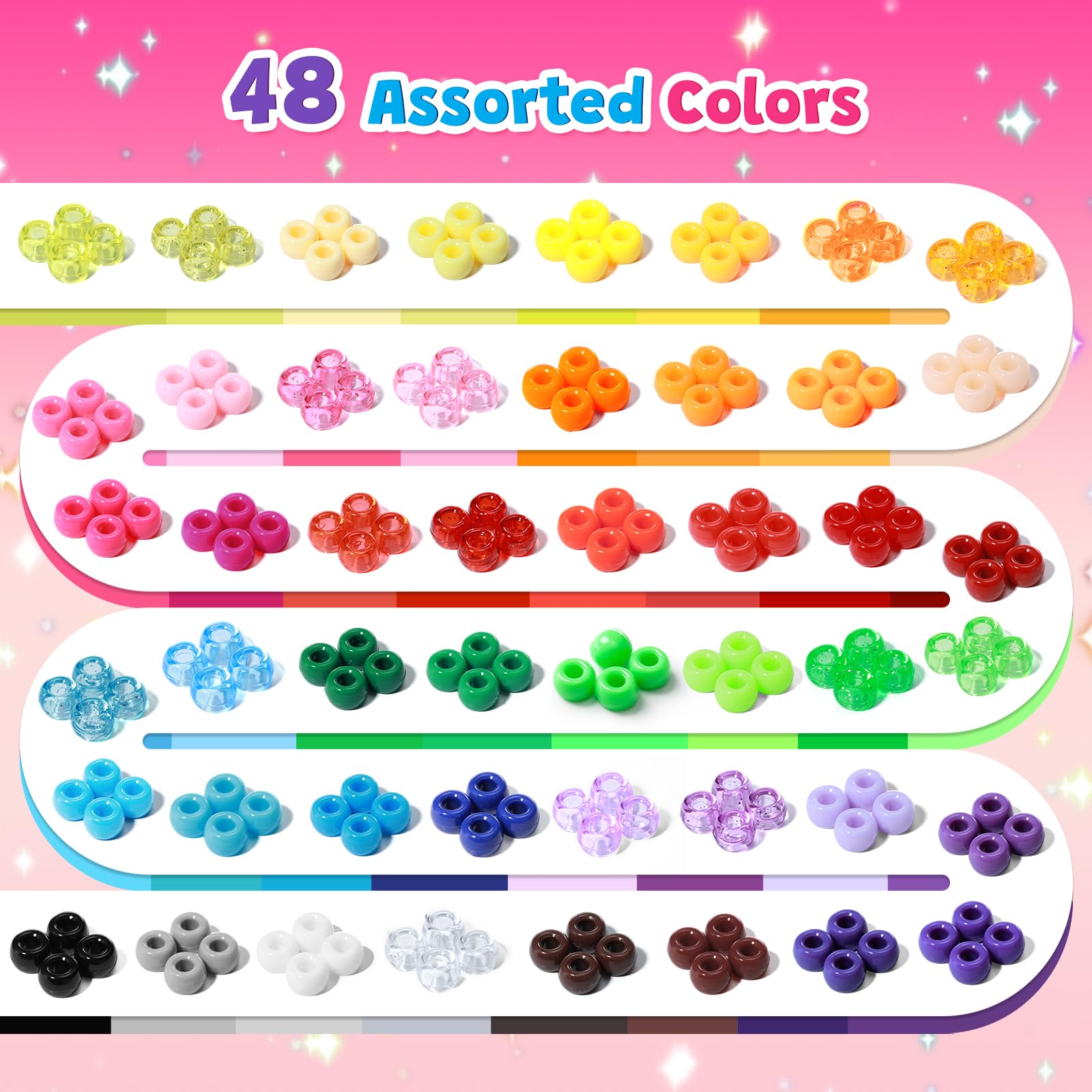 Umikk Pony-Perlen in 48 Farben, 6 x 9 mm, Kunststoff-Kandi-Perlen für Armbänder, Haare, Flechten, Schlüsselanhänger, Schnüren, Basteln, Geschenke für Kinder ab 6 Jahren (2,60 kg, stapelbarer