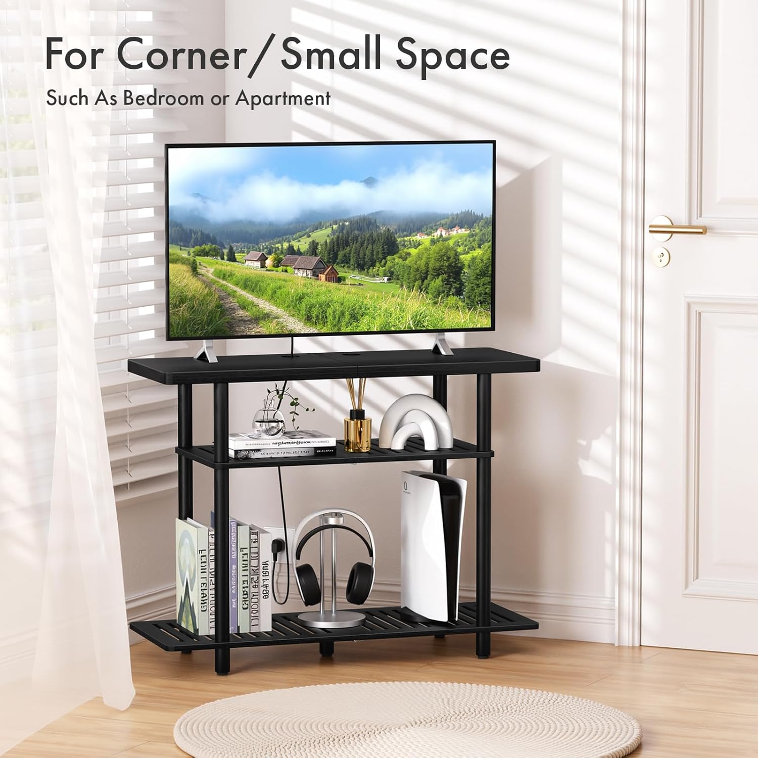 Bamboo TV Stand, Small TV Stands for up to 32 Inch, 3-Tier Entertainment Center TV Shelf with Storage, Sturdy Corner TV Stand for Small Spaces, Black