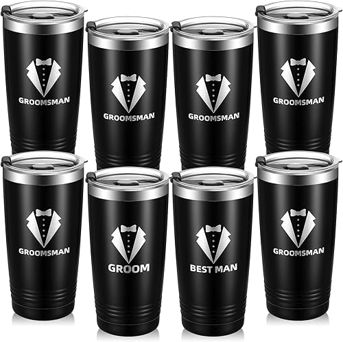 Skylety Paquete de 8 vasos de 20 onzas para padrinos de boda de 20 onzas con tapa, vasos de acero inoxidable para padrinos de boda para despedida de