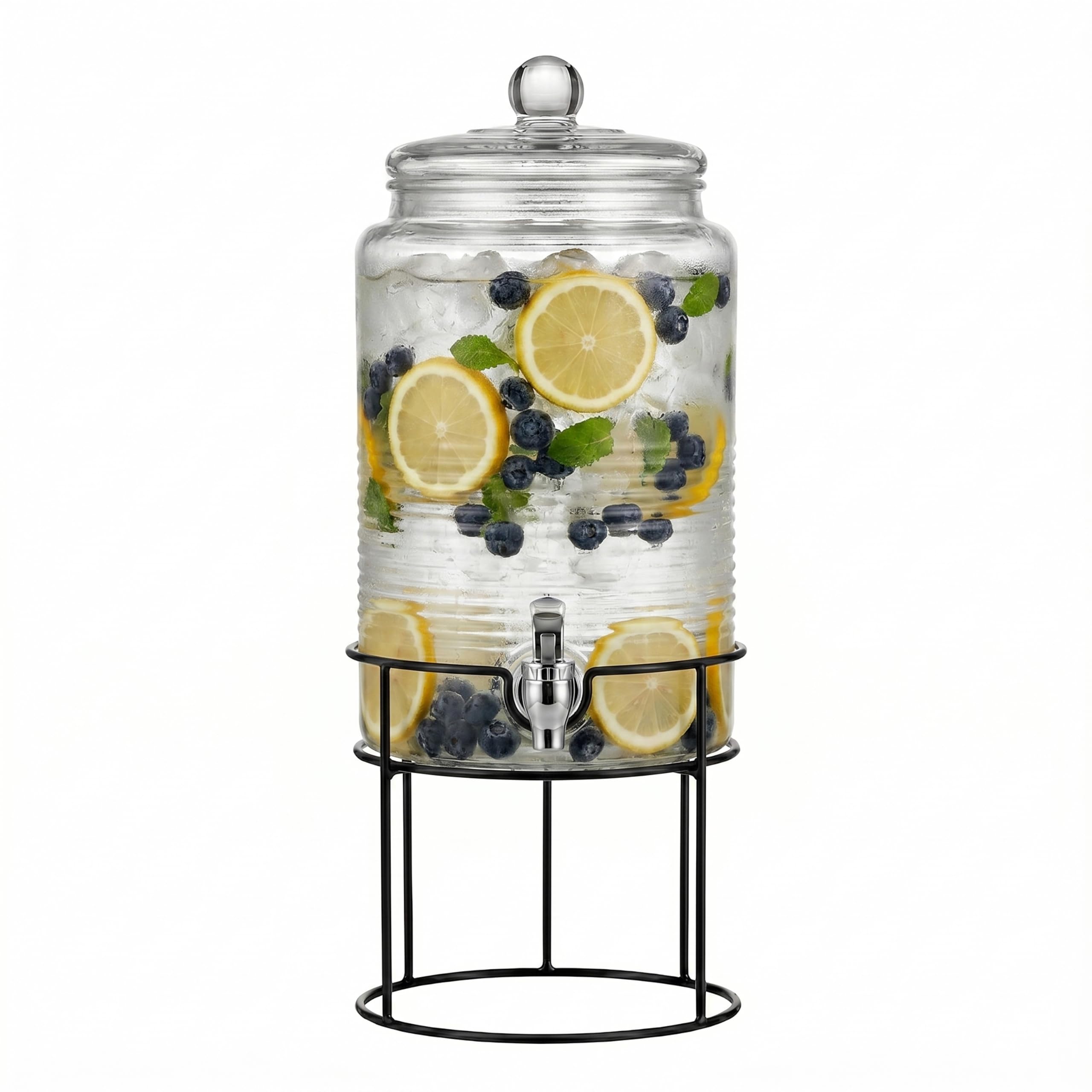 Dispensador de bebidas frías Style Setter con jarra de vidrio de 1.9 galones, tapa de vidrio y espiga acrílica a prueba de fugas, ideal para fiestas, bodas y más