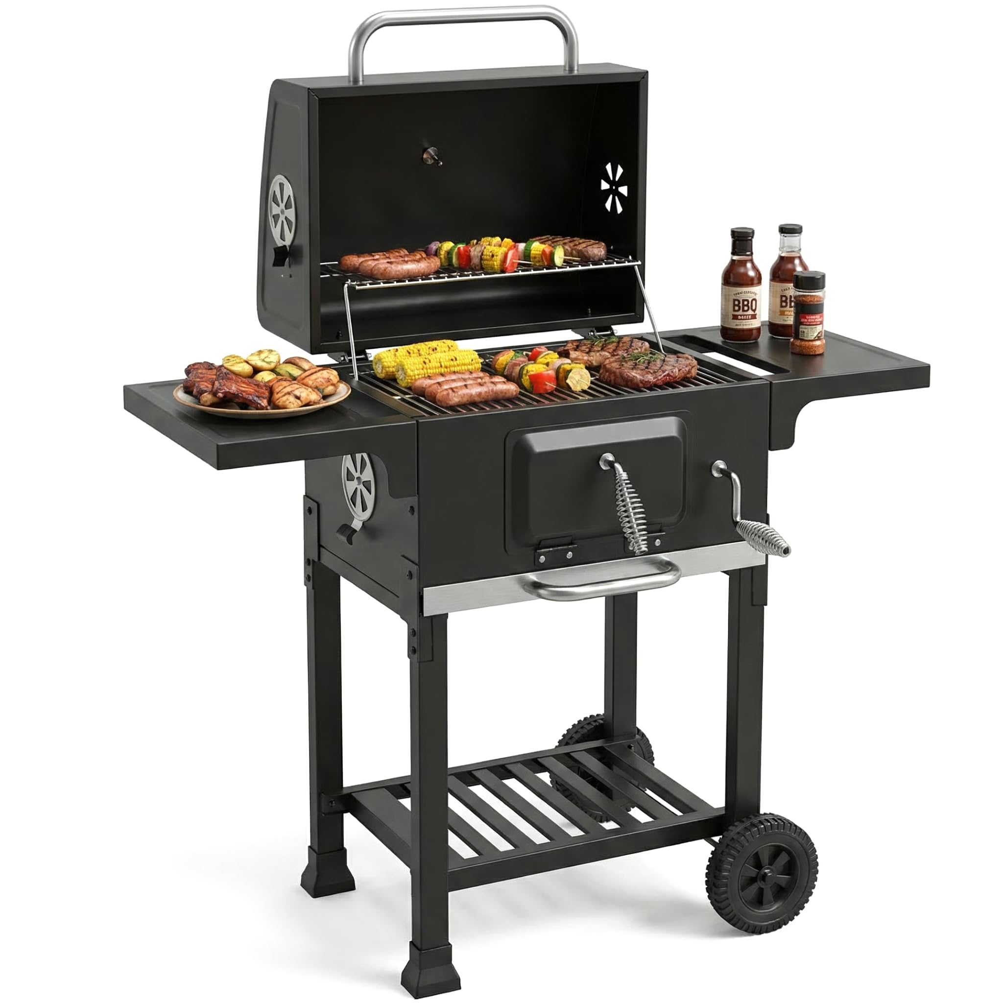 Barbecue Grill, Outdoor XL Charcoal BBQ Smoker with 2 Side Tables, Built-in Thermometer, Adjustable Charcoal Pan & Vent, Warming Rack, Compact Coal BBQ Smoker for Home Garden Party Patio Cooking