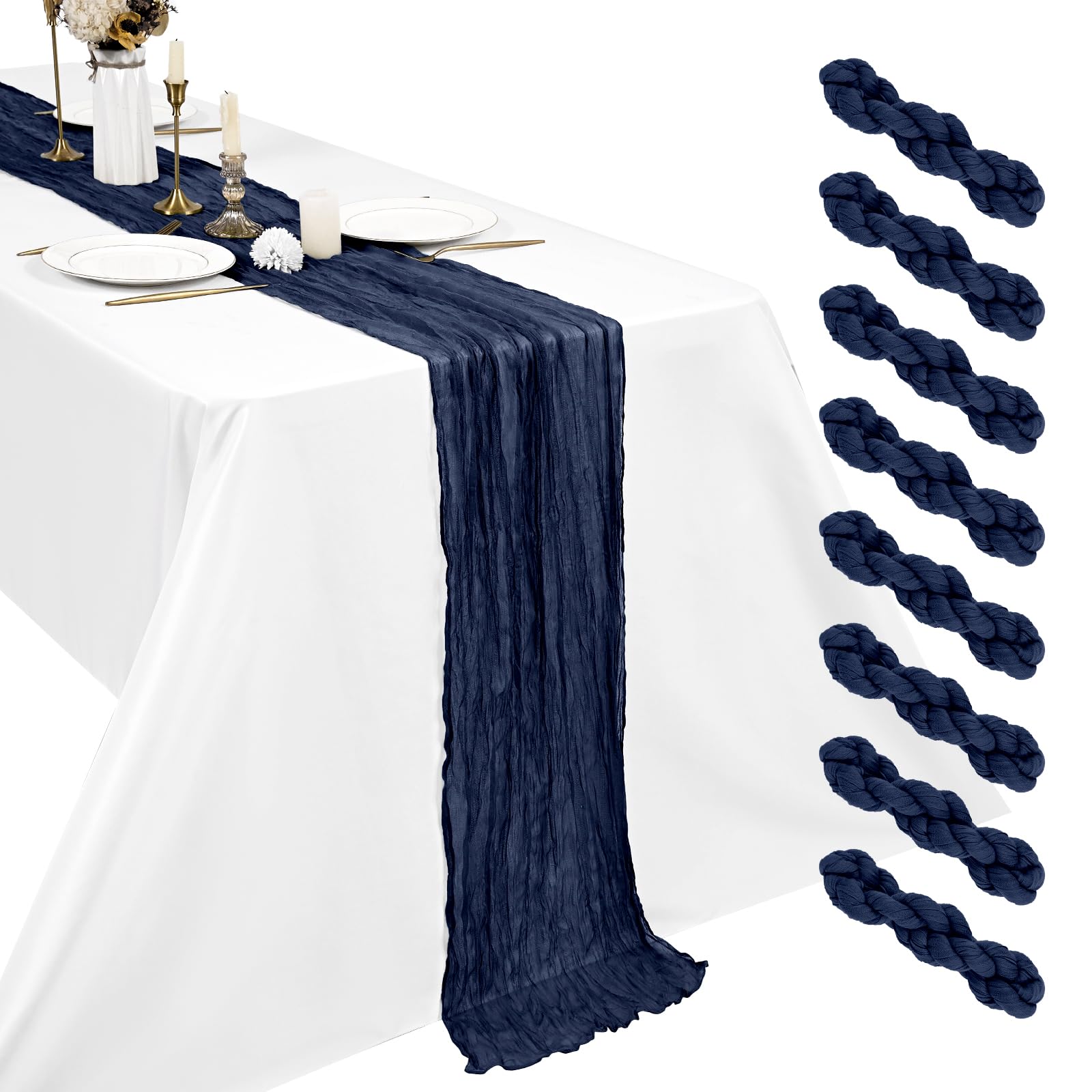 8 Pack Navy Blue Cheesecloth Table Runner, 17.7 x 108 inch Boho Gauze Table Runner 45x275 cm Rustic Romantic Long Table Runner for Wedding Party Bridal Shower Christmas Decoration