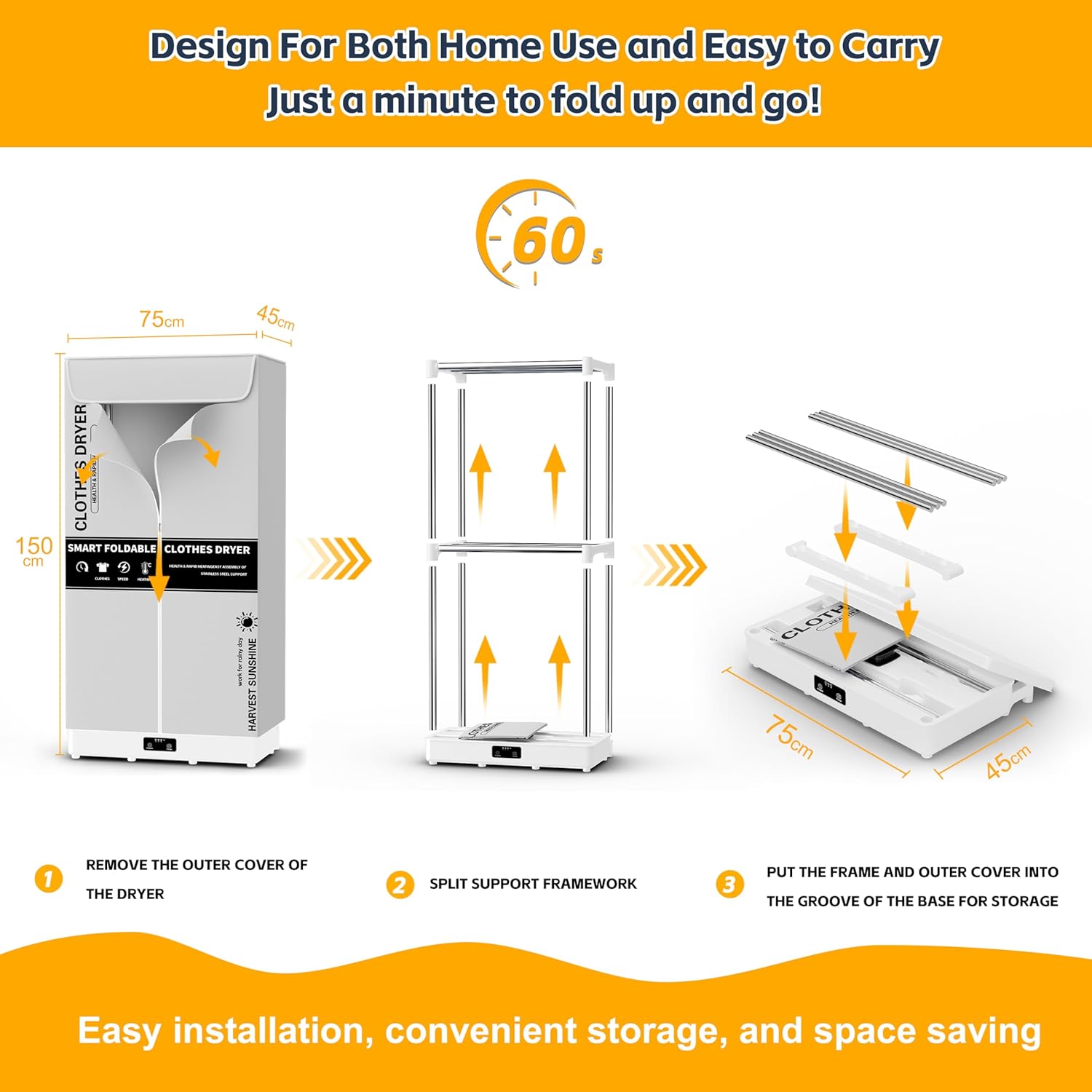 Clothes Dryer, Portable Foldable Drying Machine with Timer, Easy Carry Laundry Drying Wardrobe with Large Capacity, Electric Dryer/Rack for Home | Appartments | RV (Grey DF1)