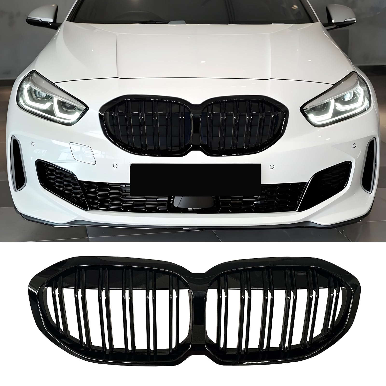 F40 Nieren Schwarz Kühlergrill Streifen passend für BMW 1er F40 Grill Nieren Doppellamellen Sport Glanz Schwarz 2019 2020 2021 2022 2023 2024(For 1er F40 2019-2024)