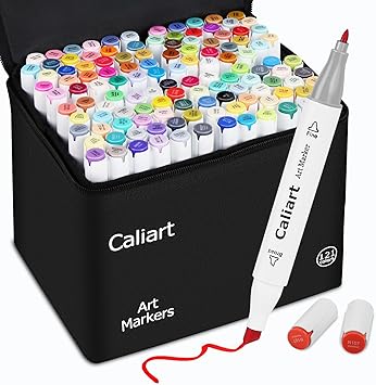 Caliart 121 Colors Alcohol Based Markers, Dual Tip Art Marker Set Chisel & Fine, Permanent Colored Pens for Adults Coloring Book Artists Sketch Illustration Drawing Supplies Gifts