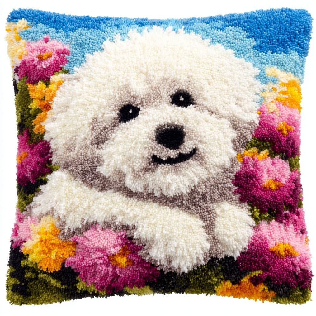 AxiangziK 43x43cm Latch Hook Pillow Kit,Bichon Frise and Flowers