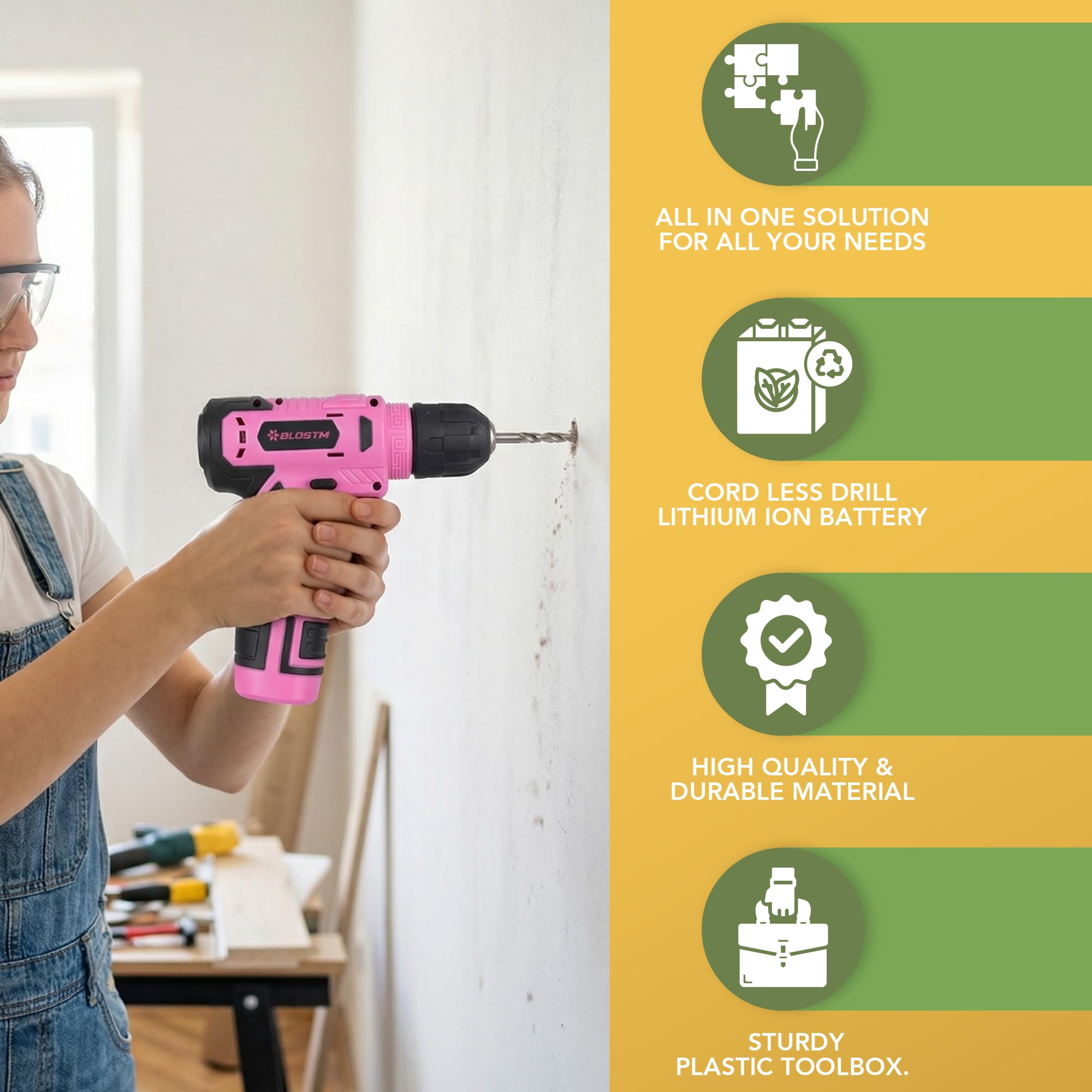 BLOSTM Kit di 126 attrezzi rosa con trapano a batteria da 8 V e utensili manuali per fai da te, riparazioni domestiche, cassetta degli attrezzi portatile con cacciaviti, punte, pinze